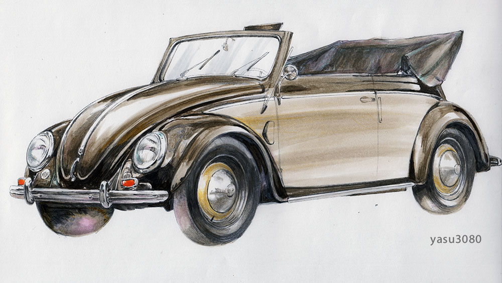 artist_name brown_car car colored_pencil_(medium) convertible motor_vehicle no_humans original simple_background traditional_media twitter_username volkswagen volkswagen_beetle white_background yasuyuki3080