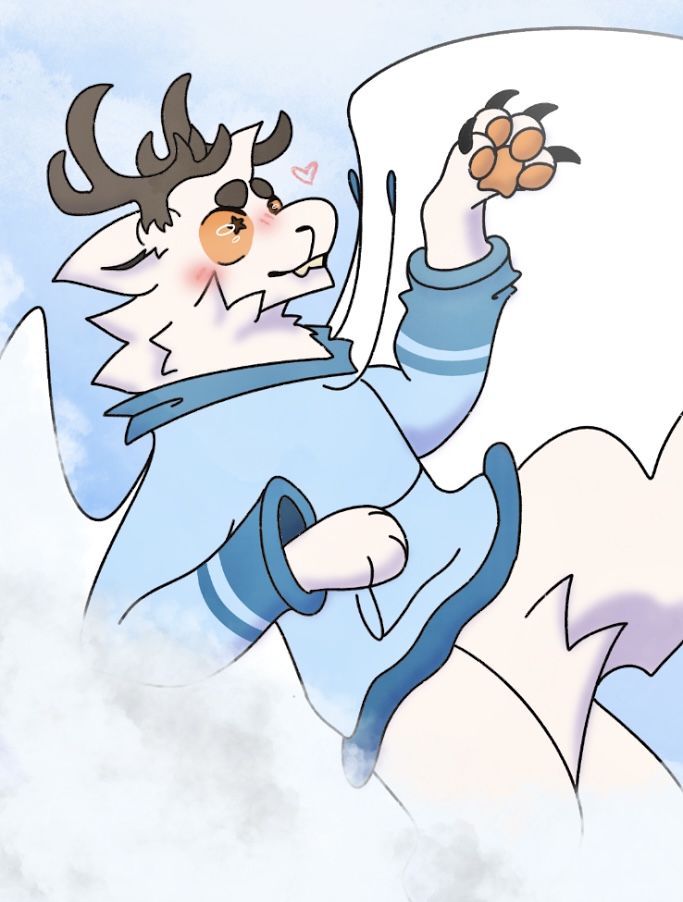 &lt;3 anonymous_artist anthro antlers blush bottomless clothed clothing cloudscape dragon falling fern_(zorrenity) fluffy fur furred_dragon hoodie horn hybrid male paws sky solo topwear wings