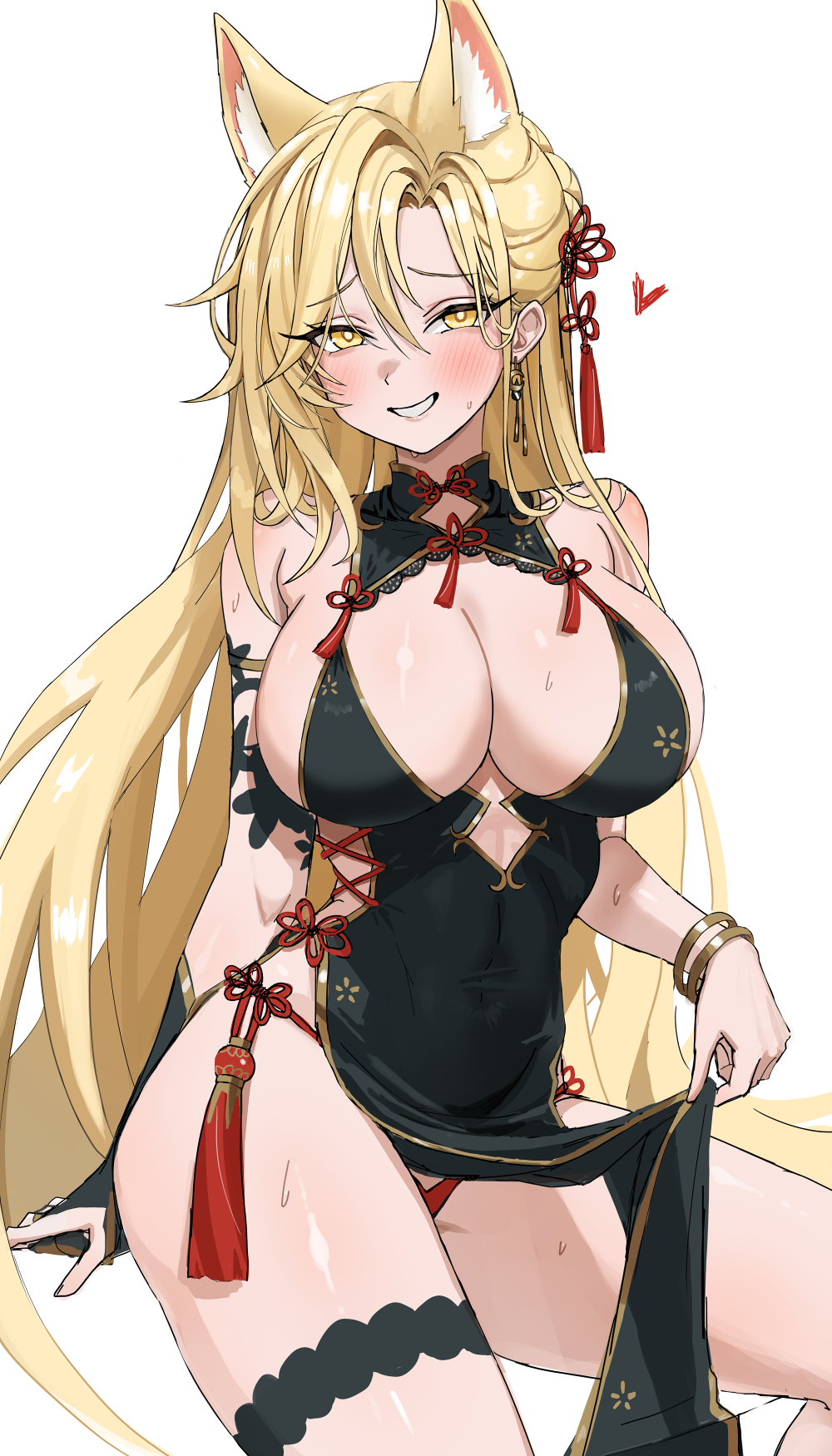 1girl animal_ears bangle bare_shoulders black_dress blonde_hair bracelet breasts bright_pupils china_dress chinese_clothes cleavage clothes_lift commission covered_navel dress extra_ears flower_knot fox_ears fymrie gold_trim grin hair_between_eyes hair_ornament highres jewelry large_breasts lifted_by_self long_hair looking_at_viewer no_bra original panties pelvic_curtain pelvic_curtain_lift red_panties second-party_source side-tie_panties sideless_outfit sitting sleeveless sleeveless_dress smile solo string_panties sweat tassel tassel_hair_ornament thigh_strap thighs underwear very_long_hair yellow_eyes