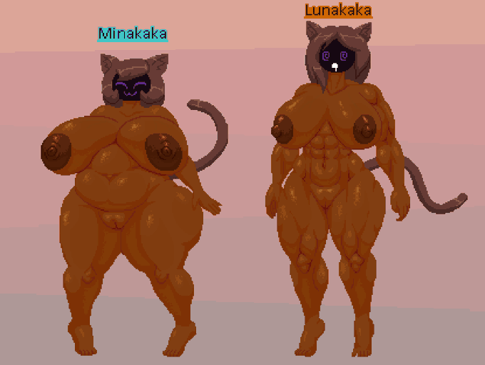 abs animal_humanoid areola athletic athletic_female belly big_breasts big_butt big_nipples bodily_fluids breasts brown_body brown_skin butt cat_humanoid dark_body dark_skin drooling duo eyes_closed fecharis felid felid_humanoid feline feline_humanoid female hair huge_breasts humanoid lunakaka_(spinneborg) mammal mammal_humanoid minakaka_(spinneborg) muscular muscular_female nipples nude overweight overweight_female saliva spinneborg standing thick_thighs