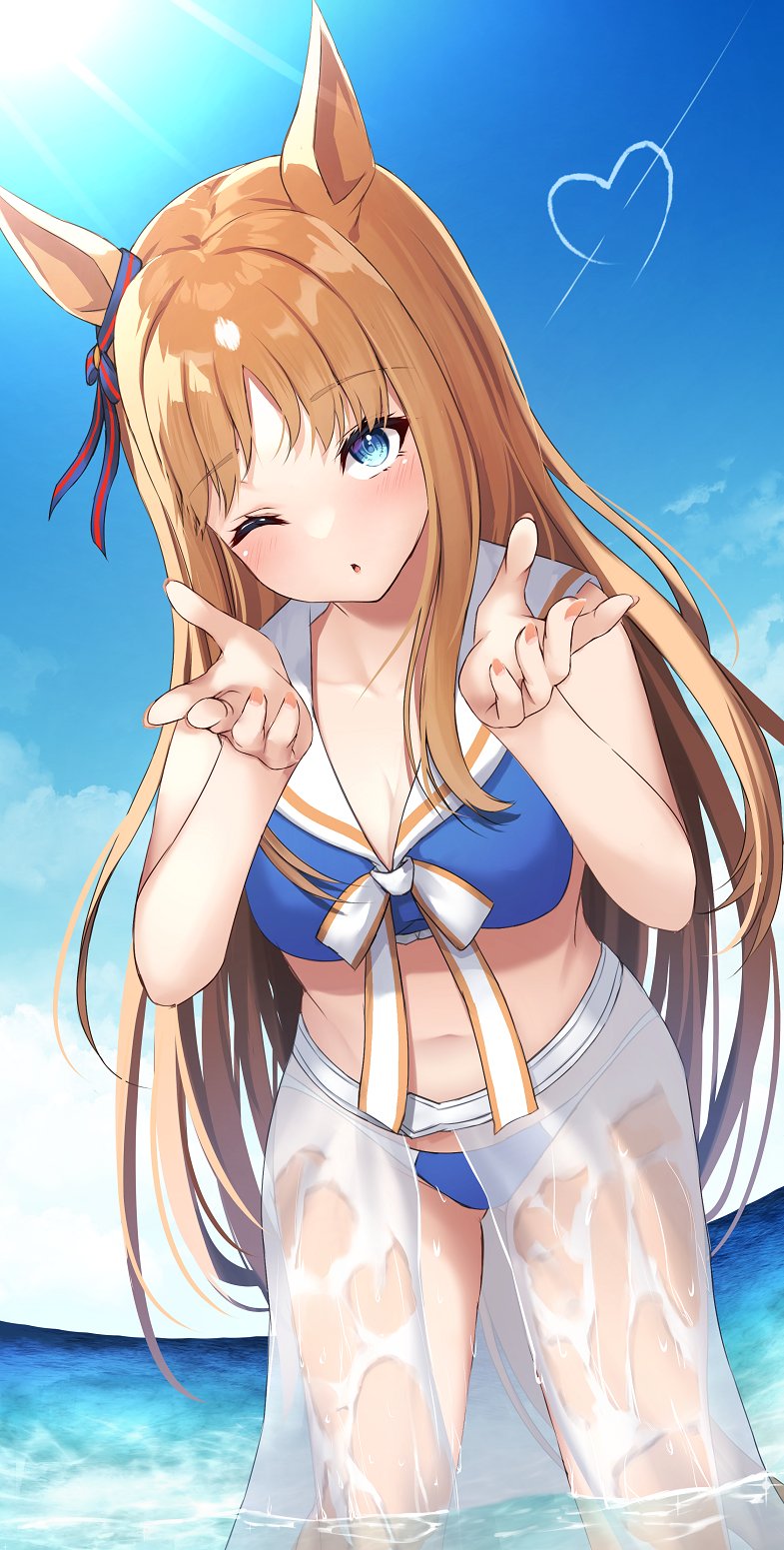 1girl animal_ears bikini blowing_kiss blue_bikini blue_eyes blush breasts brown_hair cloud commentary_request day eye_contact grass_wonder_(umamusume) hands_up highres horse_ears leaning_forward long_hair looking_at_another looking_at_viewer merxkialis ocean one_eye_closed outdoors sailor_collar see-through see-through_skirt skirt small_breasts solo standing sun swimsuit umamusume wading water white_skirt