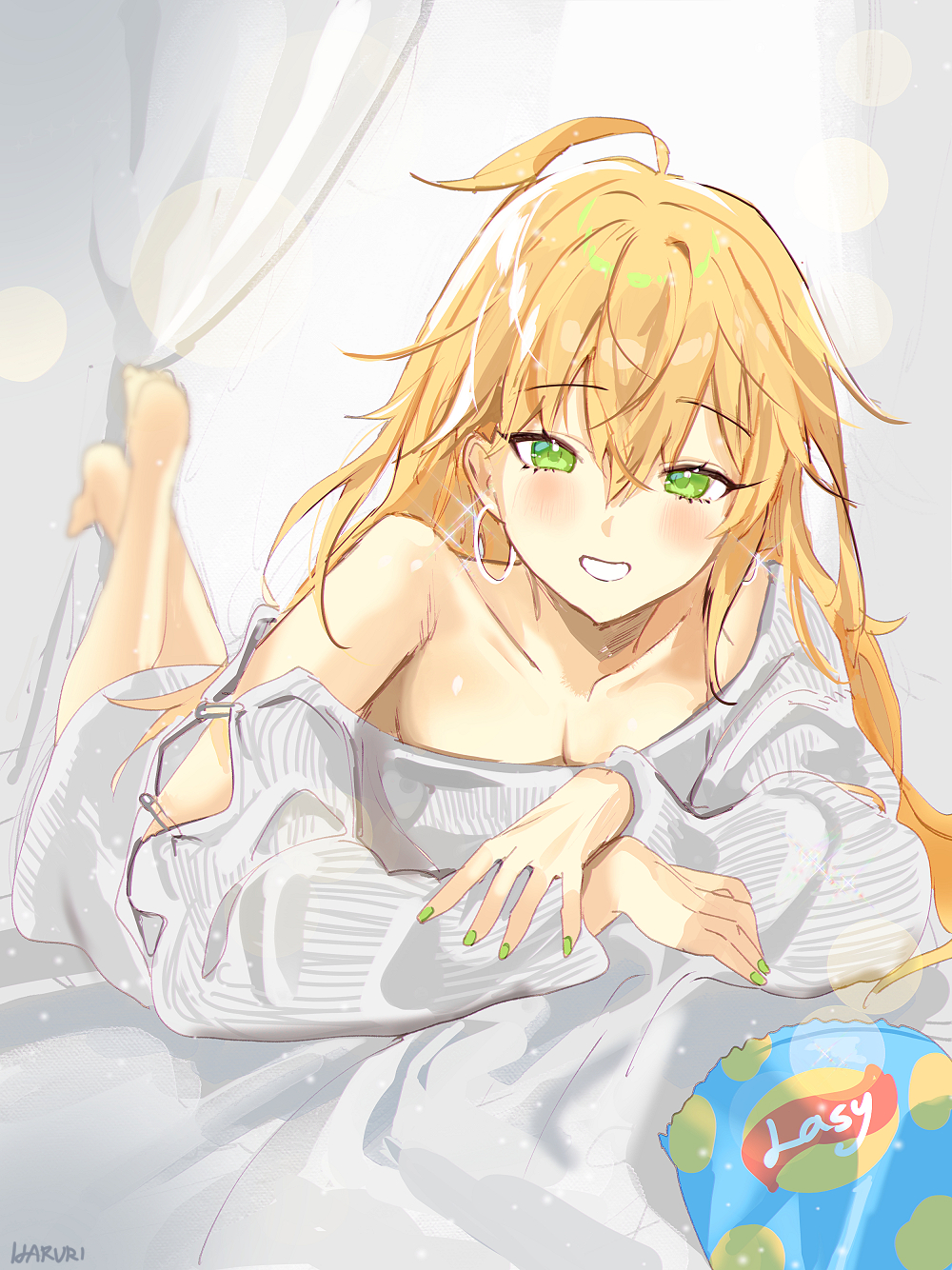 1girl ahoge bag_of_chips barefoot blonde_hair brand_name_imitation breasts cleavage collarbone curtains earrings green_eyes green_nails grey_sweater grin hair_between_eyes haruri highres hoop_earrings hoshii_miki idolmaster idolmaster_(classic) jewelry lay's_(potato_chips) legs_up long_hair long_sleeves looking_at_viewer medium_breasts nail_polish off_shoulder sleeves_past_wrists smile solo sweater