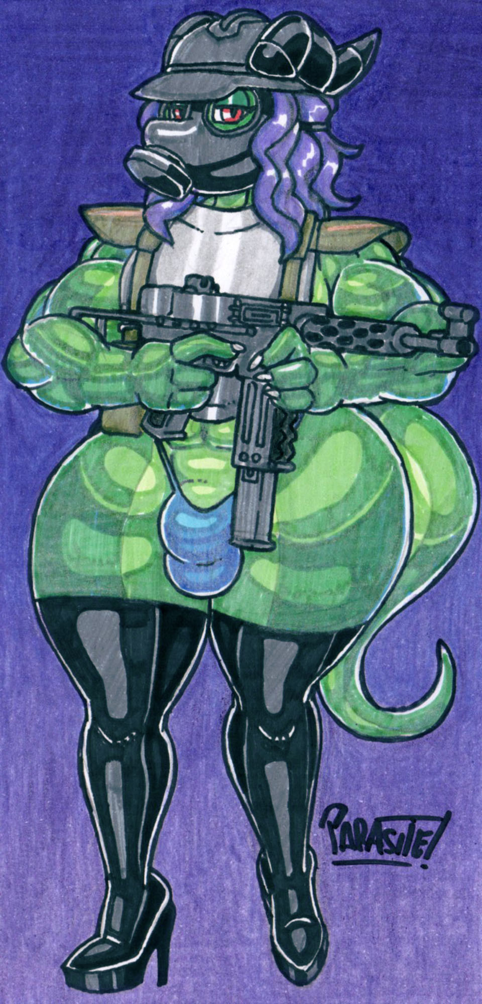 2023 2_horns abs anthro armor artist_name balls_outline biceps blue_clothing blue_thong blue_underwear bottom_heavy bulge claws clothed clothing dragon eyelashes finger_claws fingers footwear gas_mask genital_outline genitals girly graphite_(artwork) green_body green_scales gun hair headgear helmet hi_res high_heels horn huge_thighs legwear lightfeather long_tail looking_at_viewer male marker_(artwork) mask mat-49 muscular muscular_anthro muscular_male parasitedeath pencil_(artwork) penis purple_hair ranged_weapon red_eyes scales scalie signature simple_background skimpy solo tail thick_thighs thigh_highs thong traditional_media_(artwork) underwear weapon wide_hips