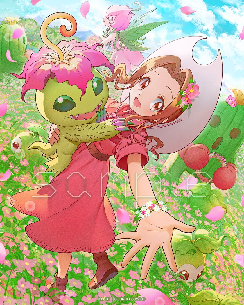 2girls 5others blue_sky boots boxing_gloves brown_eyes brown_footwear brown_hair cactus cloud cloudy_sky day digimon digimon_(creature) dress english_text fairy falling_petals flower gloves grass hair_flower hair_ornament hat kaze-hime leaf_wings lilimon long_hair monster_girl multiple_girls multiple_others open_mouth outdoors palmon petals pink_flower plant plant_girl plant_monster red_dress red_gloves reptile sample_watermark sharp_teeth short_sleeves sky spines tachikawa_mimi tanemon teeth togemon watermark white_headwear