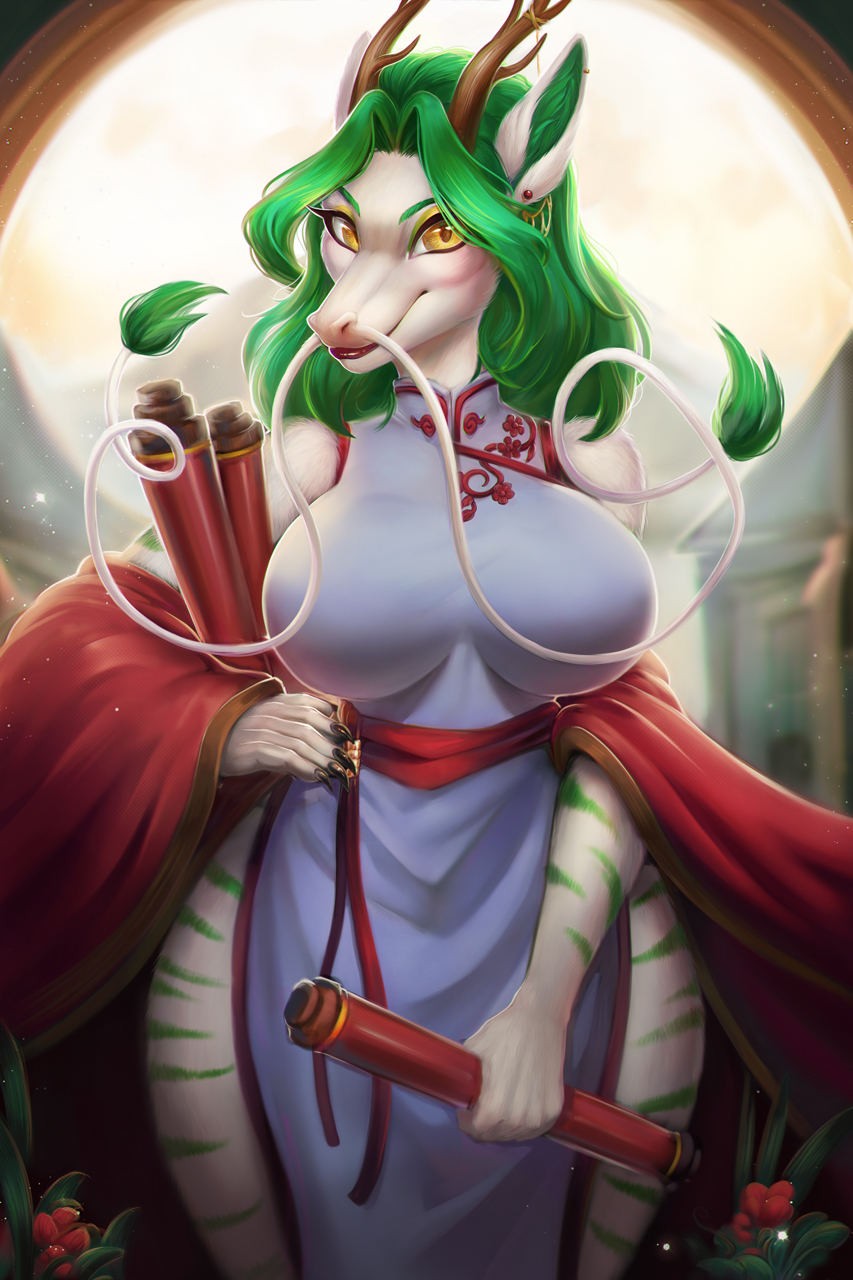 2023 anthro asian asian_clothing big_breasts breasts claws clothed clothing colored detailed detailed_background digital_drawing_(artwork) digital_media_(artwork) digital_painting_(artwork) dragon eastern_dragon female full-length_portrait fur glowing green_stripes hi_res horn inner_ear_fluff looking_at_viewer mountain oriental plant portrait red_clothing rizonik scroll shaded smile solo sparkles striped_body stripes three-quarter_portrait tuft white_body white_clothing white_fur yellow_eyes