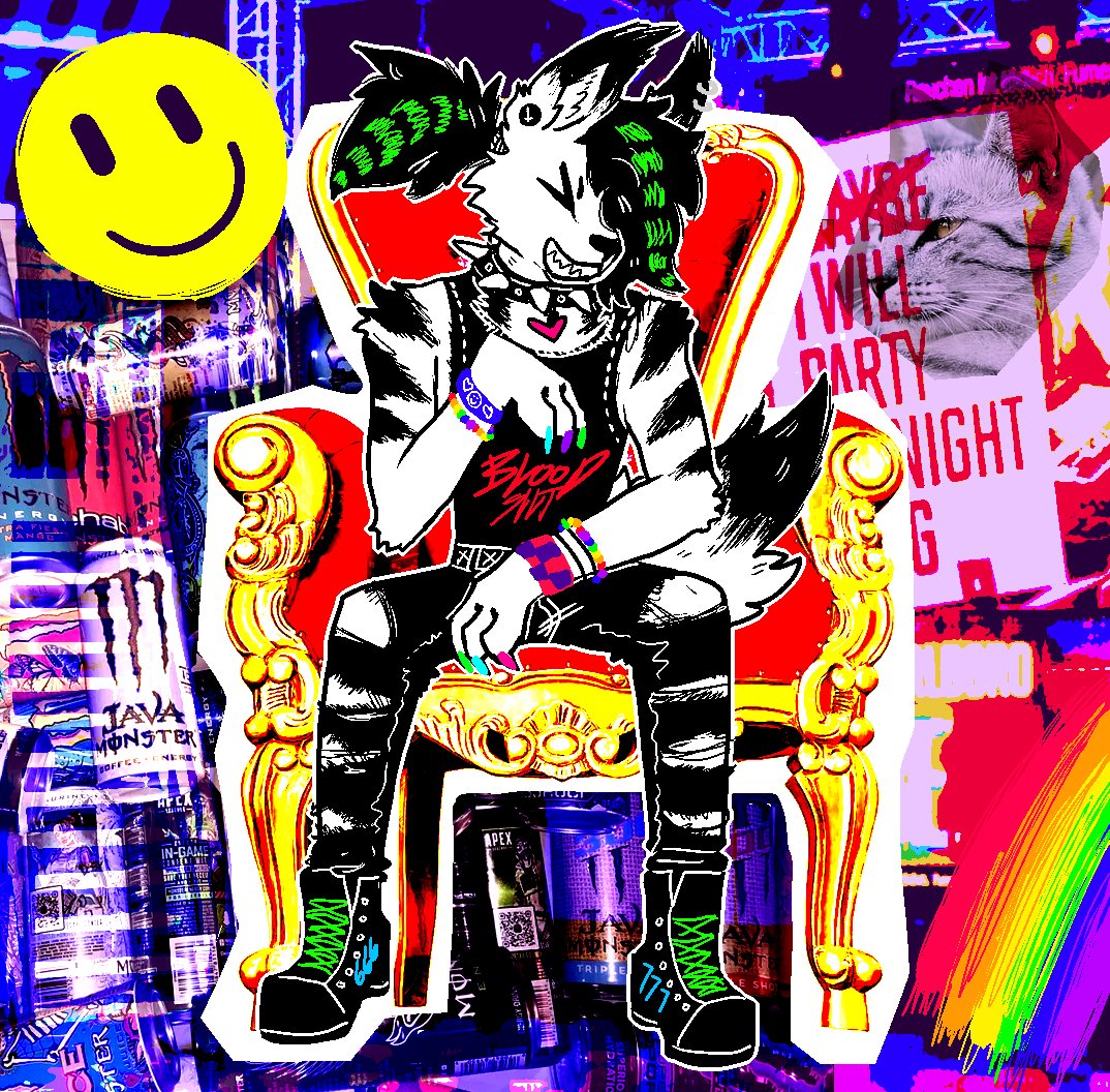 abstract_background anthro black_hair boots bottomwear bracelet clothing collar colored_nails denim denim_clothing ear_piercing emo eyes_closed felid feline footwear fur gauged_ear green_highlights grin hair hair_over_eye highlights_(coloring) jeans jewelry lynx male mammal nails one_eye_obstructed pants piercing ponytail psychedelic_background sharp_teeth shirt sinsquest smile smiley_face solo spiked_collar spikes striped_body striped_fur stripes tank_top teeth topwear torn_bottomwear torn_clothing torn_pants