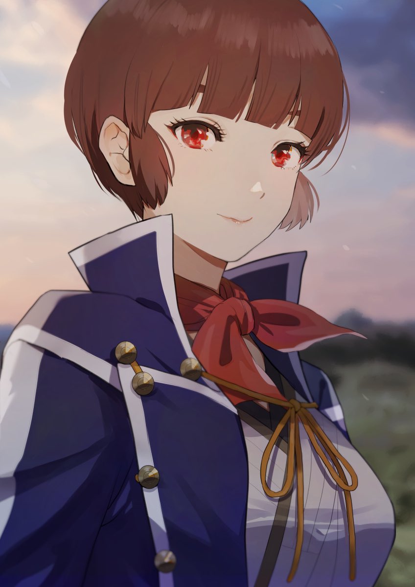 1girl blue_jacket blunt_bangs breasts donbee937 english_commentary highres isabeau_(smt) jacket japanese_clothes kimono medium_breasts neckerchief outdoors red_eyes red_neckerchief shin_megami_tensei shin_megami_tensei_iv short_hair solo twilight upper_body white_kimono