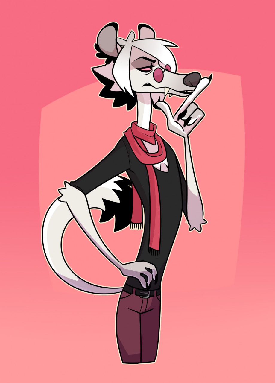 anthro black_highlights bottomwear cadaverrdog clothing denim denim_clothing fangs fur hair half-closed_eyes hi_res highlights_(coloring) jeans lux_(cadaverrdog) male mammal mustelid musteline narrowed_eyes pants pink_background pink_sclera scarf simple_background solo teeth tinted_glasses topwear true_musteline v-neck v-neck_shirt weasel white_body white_fur white_hair