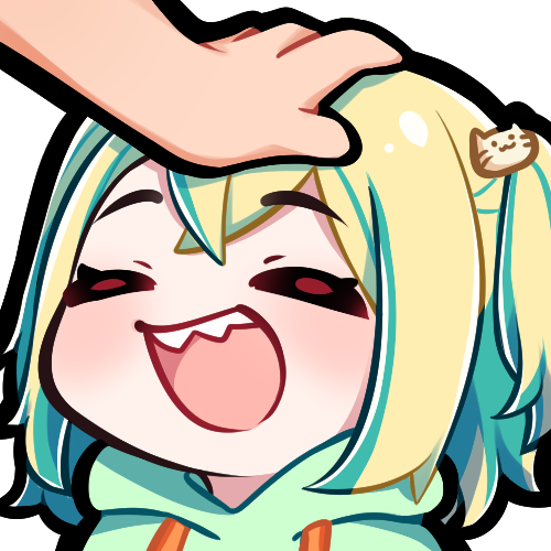 1girl :d =_= amano_pikamee artist_request bad_id cat_hair_ornament chibi drawstring english_commentary green_hoodie hair_ornament headpat hood hood_down hoodie lowres mixed-language_commentary official_art portrait sharp_teeth smile solo_focus teeth transparent_background two_side_up upper_teeth_only voms
