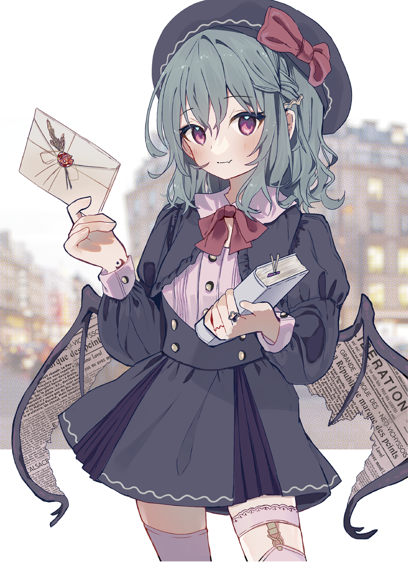 1girl blush book bow bowtie buttons closed_mouth commentary_request cowboy_shot dress envelope flat_chest green_hair hair_between_eyes hat holding holding_book holding_envelope long_sleeves looking_at_viewer medium_hair newspaper puffy_sleeves red_bow red_bowtie red_eyes remilia_scarlet solo tamagogayu1998 thighhighs torn_wings touhou wings