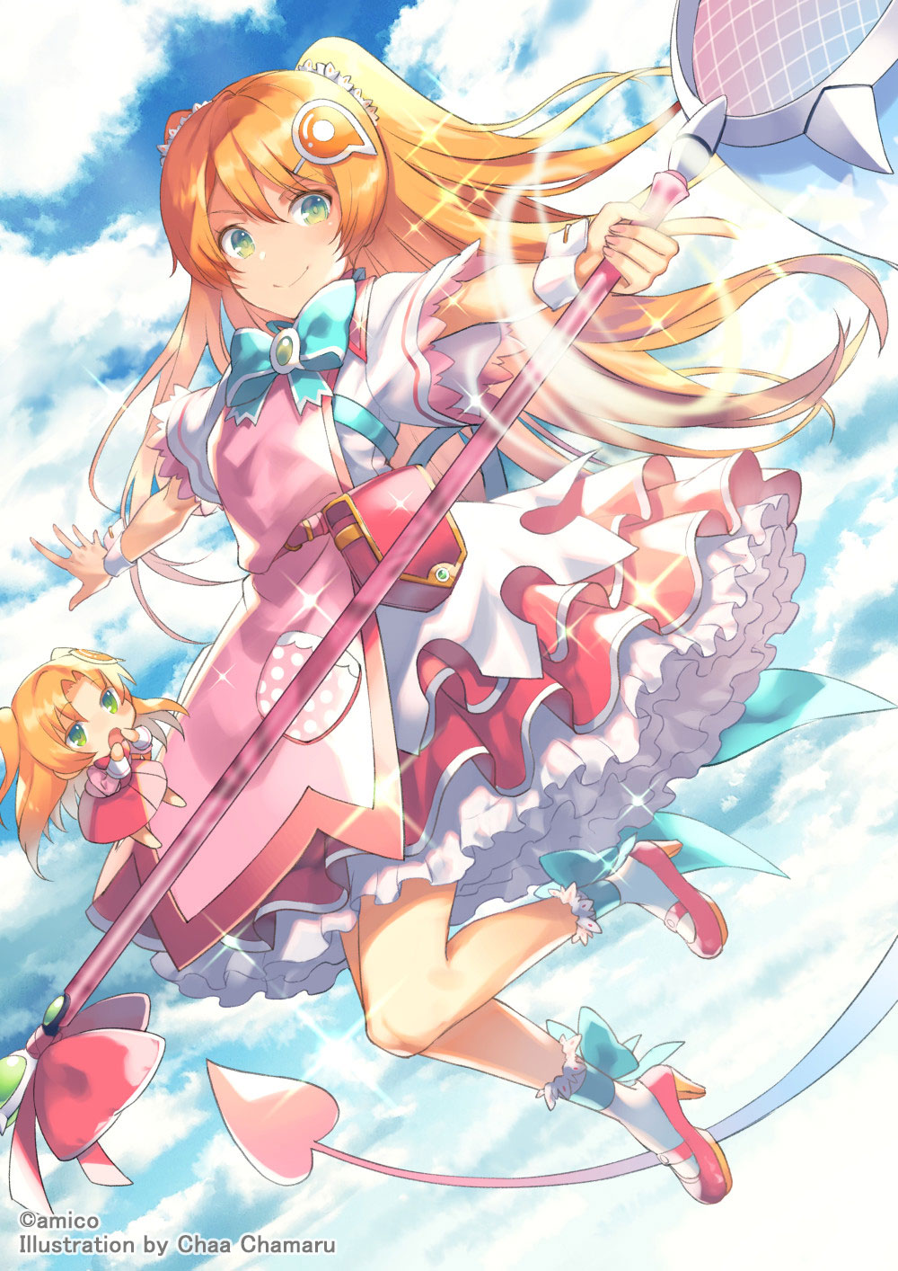 2girls amiami_(company) amico aqua_bow aqua_bowtie blue_sky blush bow bowtie cloud day dress frilled_dress frills green_eyes hair_ornament highres holding long_hair magical_girl multiple_girls official_art open_mouth orange_hair outdoors pink_bow pink_footwear shoes short_sleeves sky smile socks sparkle staff two_side_up very_long_hair white_socks wrist_cuffs yumekui