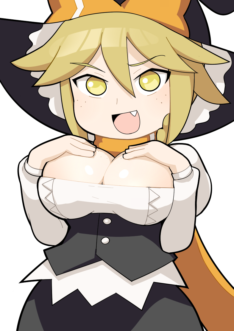 1girl :d black_skirt black_vest blonde_hair blush body_freckles bow breasts buttons cleavage cleavage_cutout clothing_cutout commentary_request cookie_(touhou) cowboy_shot fang freckles hair_between_eyes hands_on_own_breasts hat hat_bow hospital_king kirisame_marisa kohaku_(cookie) large_breasts long_bangs long_sleeves looking_at_viewer open_mouth orange_bow orange_scarf scarf shirt short_hair simple_background skirt smile touhou vest white_background white_shirt witch_hat yellow_eyes