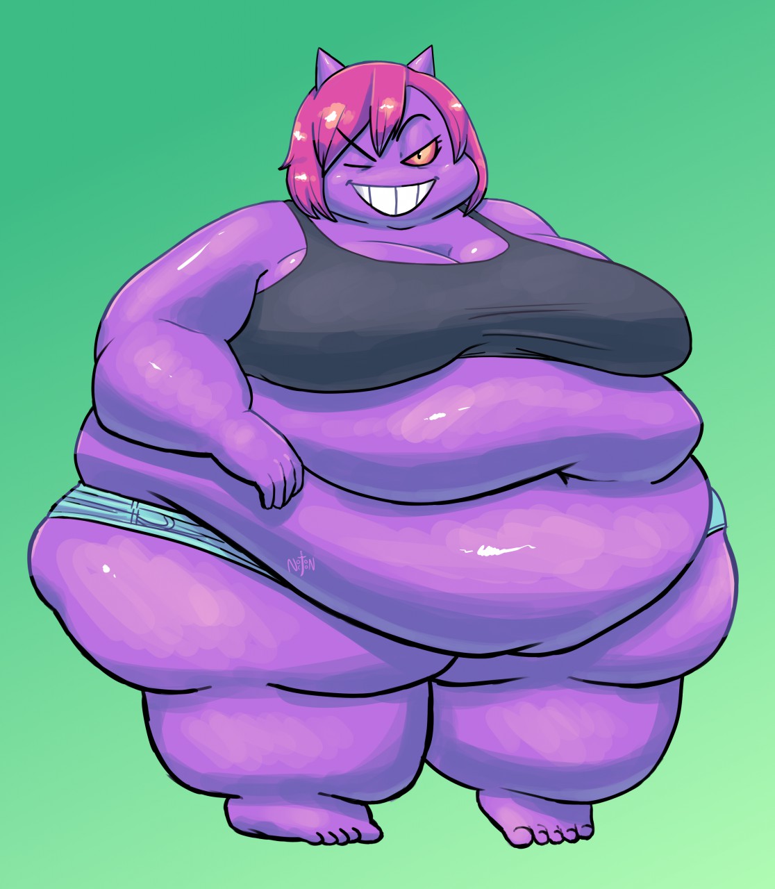 anthro belly big_breasts bottomwear breasts clothed clothing female full-length_portrait generation_1_pokemon gengar green_background grin hair hi_res hotpants huge_belly looking_at_viewer morbidly_obese morbidly_obese_anthro morbidly_obese_female navel nintendo noctoon obese obese_anthro obese_female one_eye_closed overweight overweight_anthro overweight_female pink_hair pokemon pokemon_(species) portrait purple_body red_eyes shadie_(noctoon) shorts simple_background smile solo