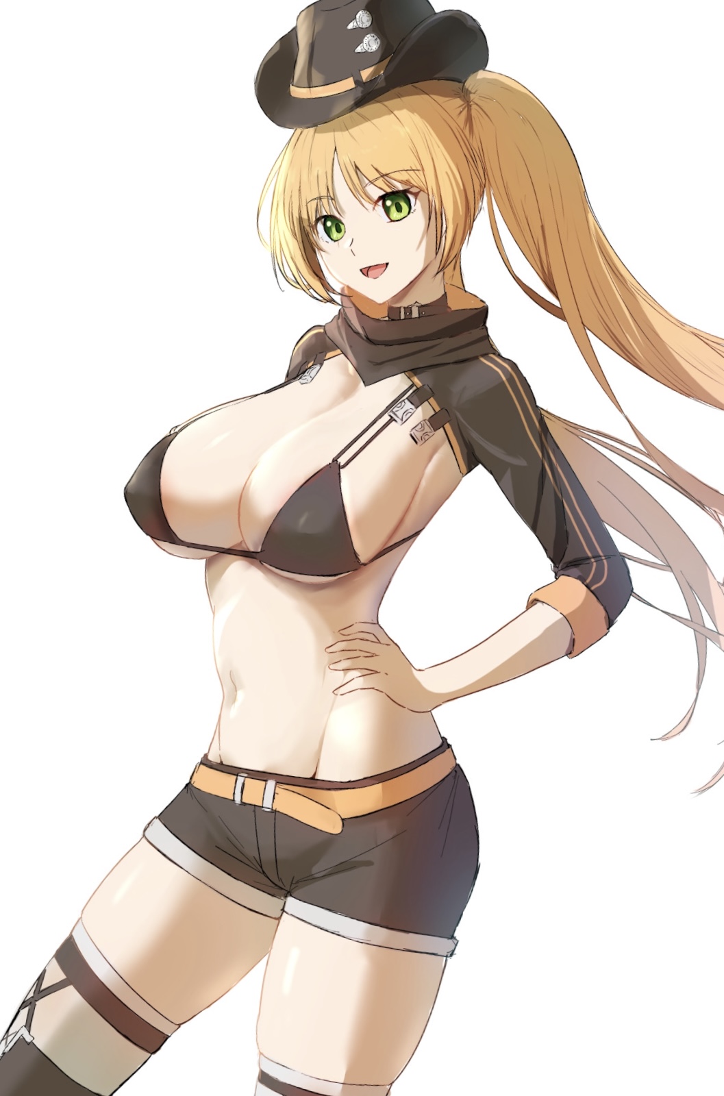 1girl :d azur_lane belt bikini bikini_top_only black_bikini black_choker black_headwear black_shirt black_shorts black_thighhighs blonde_hair breasts choker cleavage commentary cowboy_hat floating_hair front-tie_bikini_top front-tie_top green_eyes groin hand_on_own_hip hat high_collar highres hornet_(azur_lane) hornet_ii_(azur_lane) large_breasts lom_(lom_lom_8) long_hair looking_at_viewer navel open_mouth parted_bangs shirt short_shorts shorts shrug_(clothing) sidelocks simple_background skindentation smile solo standing stomach swimsuit thighhighs twintails very_long_hair white_background yellow_belt