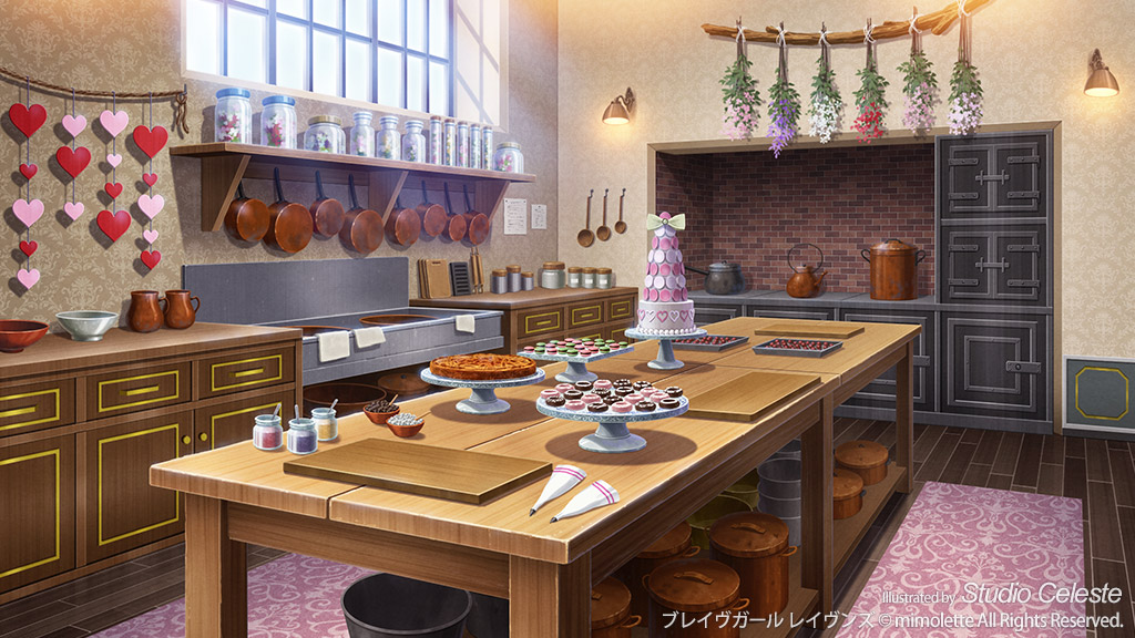 bowl brick_wall cabinet cake carpet cooking_pot cupcake cutting_board dessert food frying_pan hanging_flower herb jug_(bottle) kitchen ono_tomohiro original rolling_pin saucepan scenery stove sunlight table wall_lamp window wooden_floor wooden_table