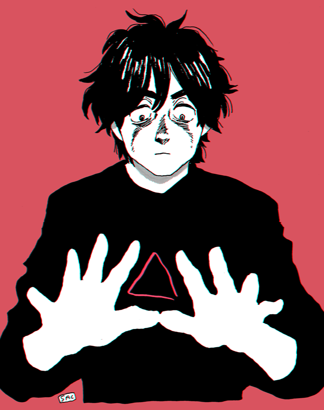 1boy greyscale_with_colored_background hands_up kaneoya_sachiko looking_down male_focus messy_hair monochrome original pink_background sanpaku shirt short_hair solo triangle upper_body
