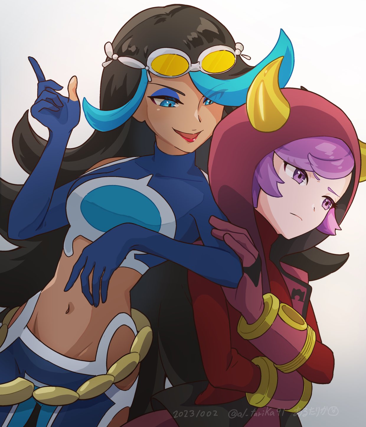 2girls arutarika_(ri_kaoekaki) bare_shoulders big_hair blue_eyes blue_hair bodysuit courtney_(pokemon) crop_top dark-skinned_female dark_skin diving_suit fake_horns gloved_sleeves goggles goggles_on_head height_difference highres hood hood_up hooded_vest hoodie horned_headwear horned_hood horns leaning_on_person long_hair multicolored_hair multiple_girls navel pokemon pokemon_(game) pokemon_oras purple_eyes purple_hair red_lips red_sweater shelly_(pokemon) short_hair simple_background sweater team_aqua team_aqua_uniform team_magma team_magma_uniform two-tone_hair vest wetsuit white_background