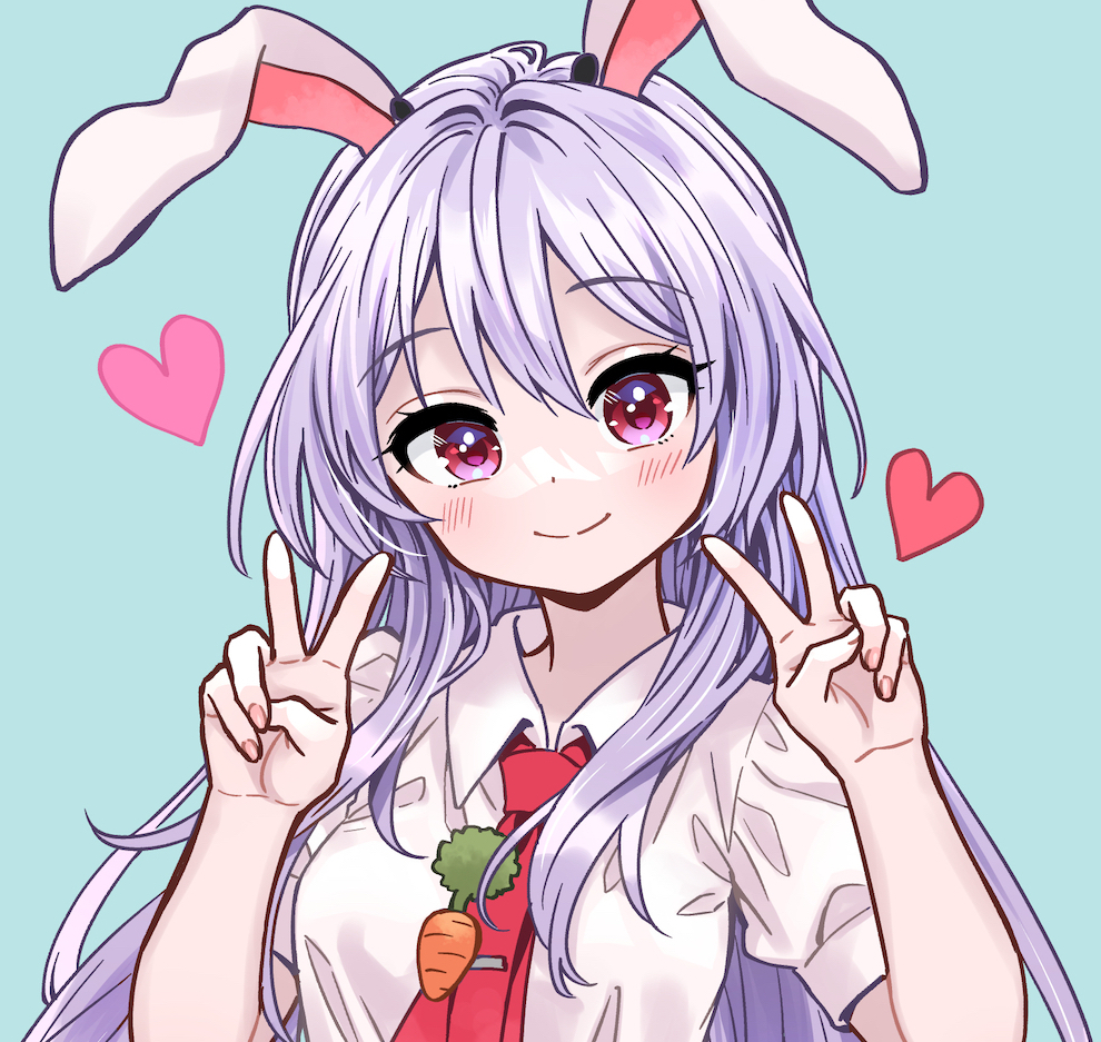 1girl ama-tou animal_ears blush carrot_pin collared_shirt fingernails hands_up heart light_purple_hair light_smile long_hair looking_at_viewer nail nail_polish necktie puffy_short_sleeves puffy_sleeves purple_eyes rabbit_ears rabbit_girl red_necktie reisen_udongein_inaba shirt short_sleeves simple_background solo touhou v white_shirt