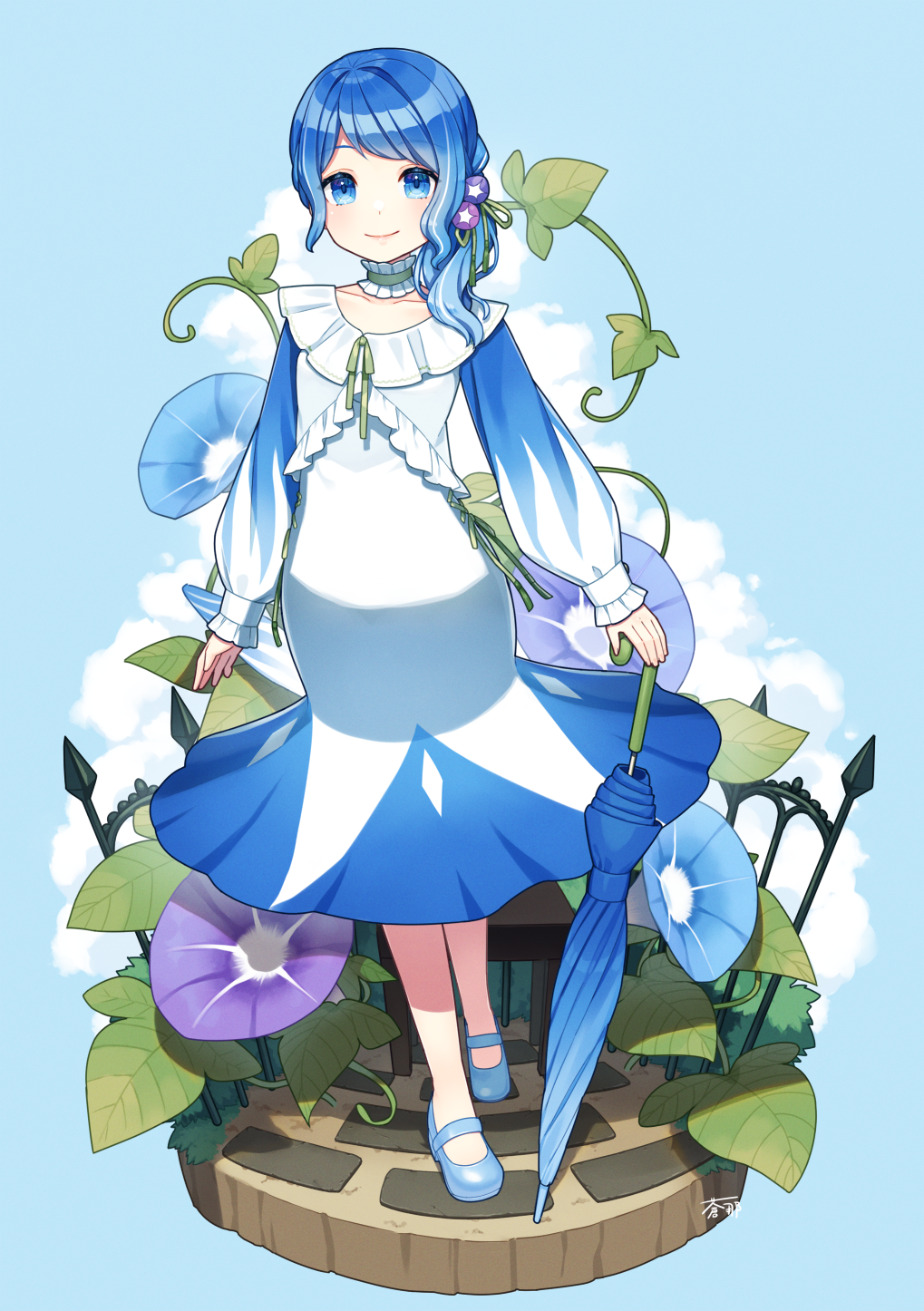 1girl aona_(noraneko) blue_background blue_dress blue_eyes blue_flower blue_footwear blue_hair blue_umbrella choker closed_umbrella cloud dress faux_figurine fence floral_dress flower frilled_choker frilled_dress frills full_body green_ribbon hair_flower hair_ornament hair_over_shoulder highres hobble_dress holding holding_umbrella leaf long_sleeves looking_at_viewer low_ponytail mary_janes morning_glory original pavement personification plant purple_flower ribbon shoes simple_background solo standing star_(symbol) star_choker swept_bangs two-tone_dress umbrella vines white_dress
