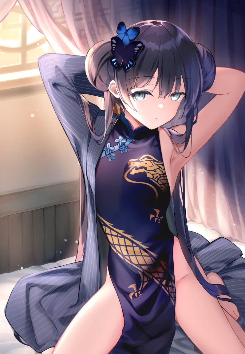 1girl armpits arms_behind_head arms_up bangs bare_shoulders barefoot black_dress black_hair blue_archive blue_eyes blush braid braided_bun breasts butterfly_hair_ornament china_dress chinese_clothes coat double_bun dragon_print dress flat_chest grey_eyes hair_bun hair_ornament kisaki_(blue_archive) long_hair long_sleeves looking_at_viewer pelvic_curtain rei_(rei's_room) short_dress side_slit sitting sleeveless sleeveless_dress small_breasts solo twintails vertical-striped_coat wariza