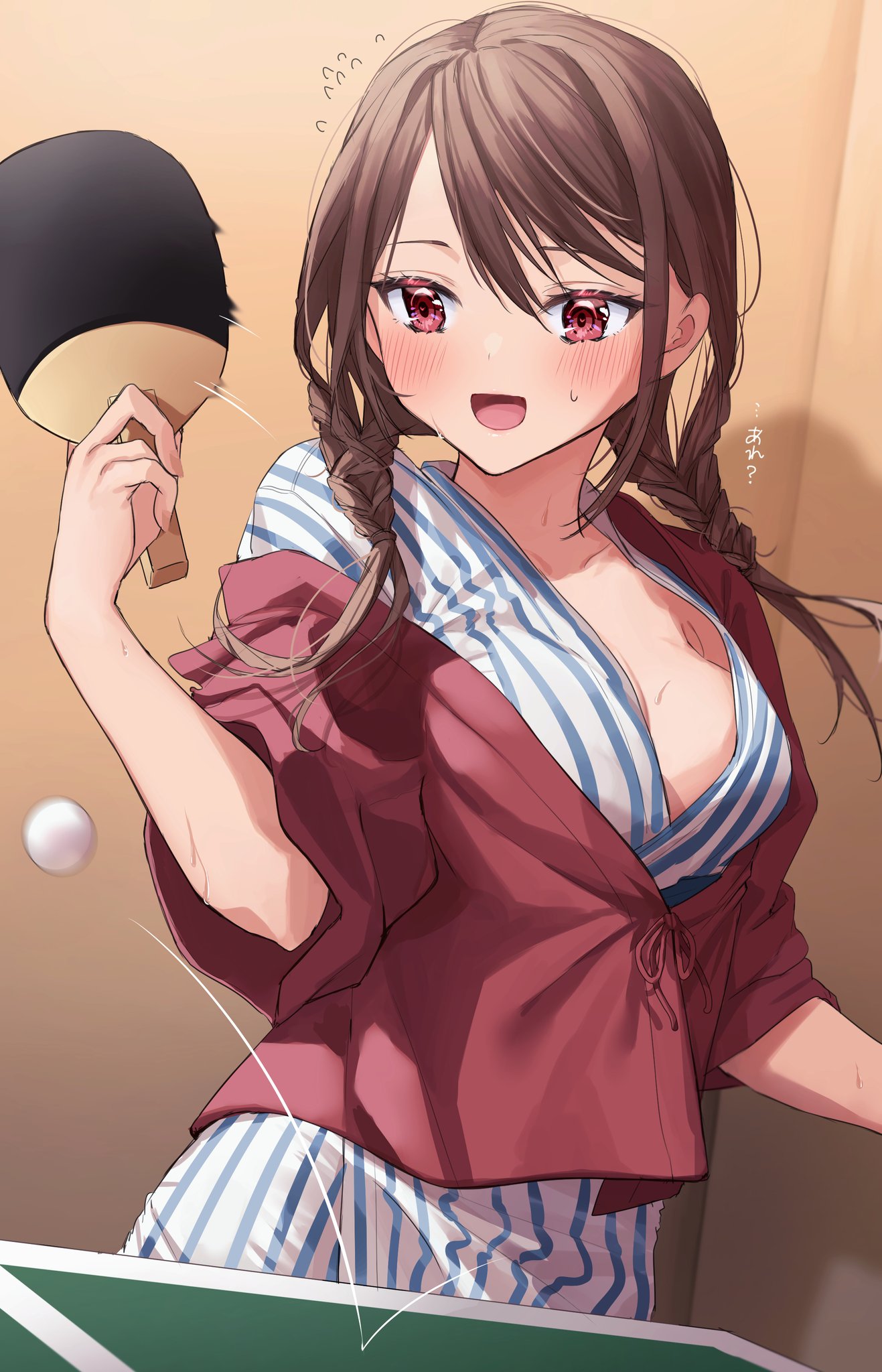 1girl :d ball bath_yukata blue_kimono blush braid breasts brown_hair chigusa_minori collarbone commentary cowboy_shot hanten_(clothes) heart heart-shaped_pupils highres holding holding_paddle indoors japanese_clothes kimono kokoro_iroduku_koi_ga_shitai large_breasts long_hair low_twin_braids momiji_ayaka off_shoulder open_mouth paddle red_eyes smile solo striped striped_kimono sweat symbol-shaped_pupils table_tennis table_tennis_paddle translated twin_braids vertical-striped_kimono vertical_stripes wardrobe_malfunction white_kimono yukata