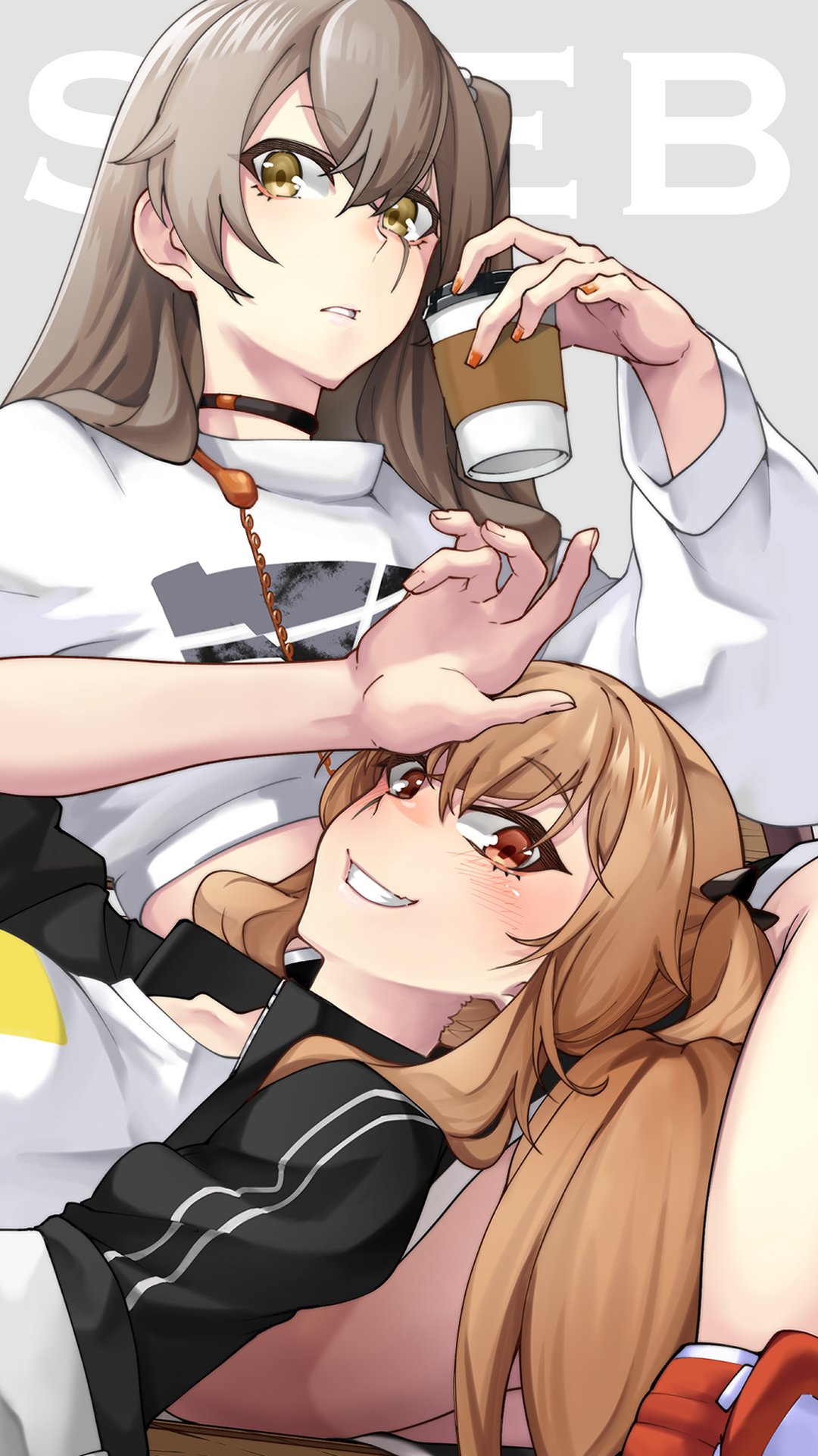 2girls blush brown_hair choker coffee_cup commission cup disposable_cup girls'_frontline headphones headphones_around_neck highres holding holding_cup lap_pillow long_hair looking_at_viewer multiple_girls nakiusagi official_art orange_eyes orange_nails parted_lips skeb_commission smile ump45_(corona_sunset)_(girls'_frontline) ump45_(girls'_frontline) ump9_(bee's_knees)_(girls'_frontline) ump9_(girls'_frontline) yellow_eyes