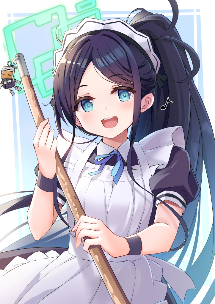 &lt;key&gt;_(robot)_(blue_archive) 1girl :d apron aqua_eyes aris_(blue_archive) aris_(maid)_(blue_archive) black_dress black_hair blue_archive blush dress frilled_apron frills halo happy holding long_hair looking_at_viewer maid maid_headdress musical_note neck_ribbon official_alternate_costume open_mouth parted_bangs ribbon short_sleeves side_ponytail sidelocks simple_background smile solo teeth two-tone_background upper_body upper_teeth_only very_long_hair white_apron wristband yuuki_yuu