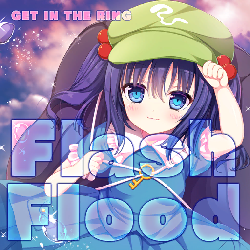 1girl :3 album_cover backpack bag black_bag blue_eyes blue_hair blue_shirt blue_skirt cabbie_hat circle_skirt clenched_hand closed_mouth clothes_lift cloud cloudy_sky collar collared_shirt cover english_text eyelashes frilled_shirt_collar frilled_sleeves frills game_cg get_in_the_ring green_headwear hair_bobbles hair_ornament hand_on_headwear hat kawashiro_nitori key light_blush looking_at_viewer medium_hair miniskirt official_art puffy_short_sleeves puffy_sleeves shirt shiwasu_horio short_sleeves skirt skirt_lift skirt_set sky smile solo sparkle touhou touhou_cannonball twintails upper_body water_drop white_collar