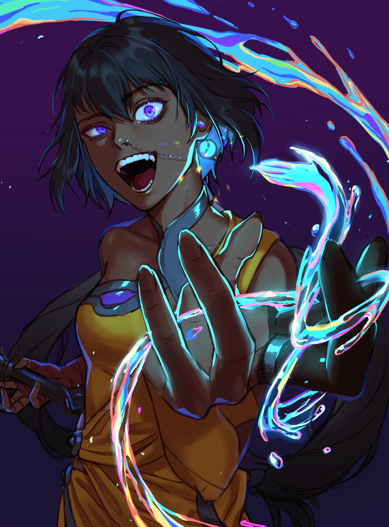 1girl :d bare_shoulders black_hair blue_eyes collarbone dark-skinned_female dark_skin earrings fang fingernails glowing glowing_earrings hair_between_eyes half-closed_eye highres holding holding_weapon indian_clothes jewelry league_of_legends long_hair looking_at_viewer nilah_(league_of_legends) nyaamen_fork open_mouth ponytail purple_background simple_background smile solo teeth upper_body water weapon