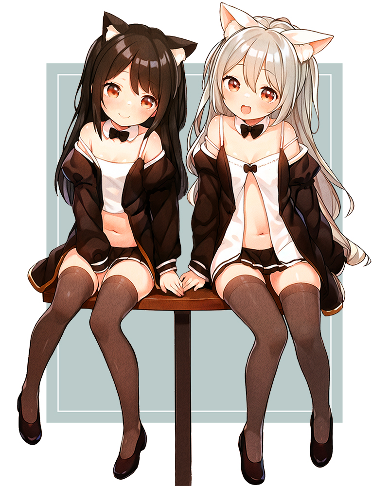 2girls animal_ear_fluff animal_ears between_legs black_footwear black_hair black_shirt black_skirt black_thighhighs brown_eyes camisole cat_ears cat_girl full_body grey_hair hand_between_legs legs long_hair looking_at_viewer luckyeldayo miniskirt multiple_girls navel open_clothes open_mouth open_shirt original shirt shoes sitting sitting_on_table skirt smile strap_slip table thighhighs thighs white_camisole zettai_ryouiki