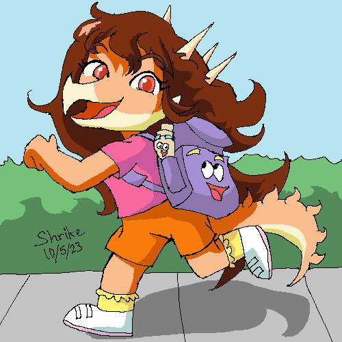 1:1 2023 anthro aquilops backpack backpack_(dora_the_explorer) blue_sky bottomwear brown_hair clothing cosplay crossover crossover_cosplay detailed_background digital_drawing_(artwork) digital_media_(artwork) dinosaur dora_marquez dora_the_explorer eyelashes female footwear goodbye_volcano_high hair horn long_hair long_tail looking_at_viewer low_res map map_(dora_the_explorer) multicolored_body multicolored_scales open_mouth open_smile orange_body orange_eyes orange_scales outside reptile rosa_(gvh) running scales scalie shoes shorts shrikethebird_(artist) sky smile sneakers snoot_game snout solo spikes spikes_(anatomy) tail tan_body tan_scales tongue two_tone_body two_tone_scales