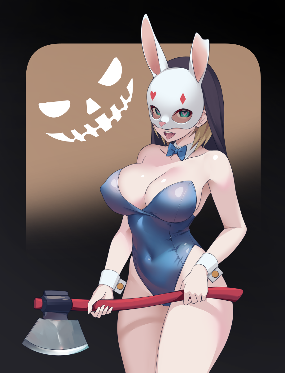1girl axe bare_shoulders blonde_hair blue_eyes blue_leotard breasts covered_navel dead_by_daylight detached_collar gradient_background halloween heart heart-shaped_pupils highleg highleg_leotard highres holding holding_axe large_breasts leotard looking_at_viewer mask nekobao open_mouth original playboy_bunny rabbit_mask short_hair solo strapless strapless_leotard symbol-shaped_pupils tongue wrist_cuffs