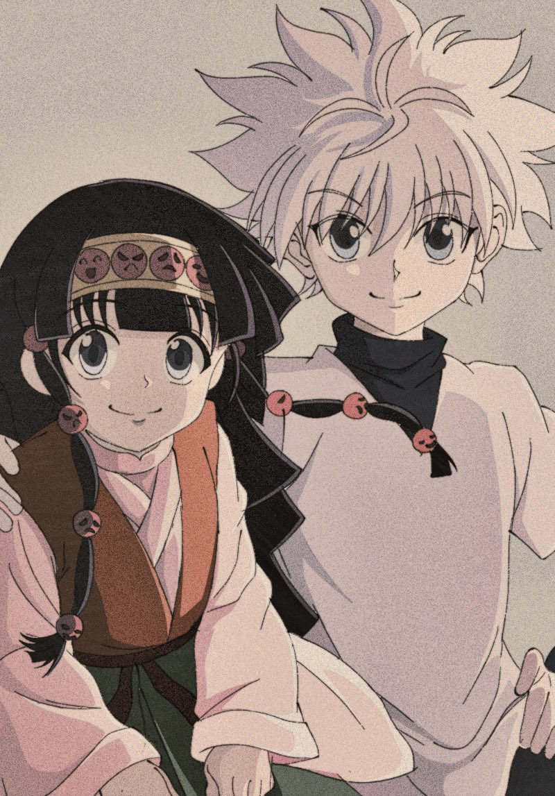 1boy 1other alluka_zoldyck androgynous arms_at_sides black_hair blue_eyes closed_mouth enoki_(gongindon) hand_on_another's_shoulder hunter_x_hunter killua_zoldyck layered_sleeves looking_at_viewer male_child muted_color siblings smile spiked_hair