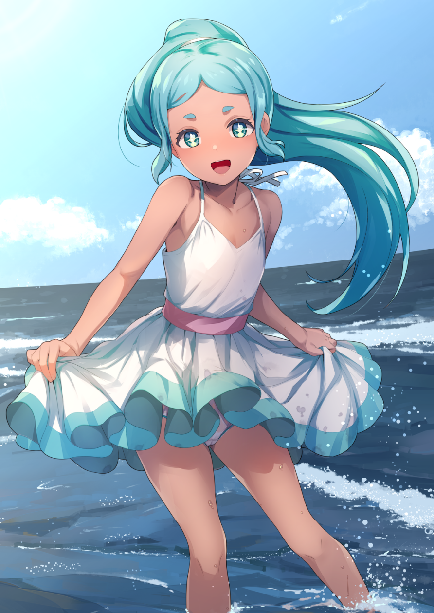 +_+ 1girl aqua_eyes aqua_hair bare_shoulders blue_sky blush brand_new_animal cloud commission dark-skinned_female dark_skin day dress flat_chest floating_hair highres long_hair looking_at_viewer nina_flip ocean open_mouth outdoors panties pantyshot ponytail short_eyebrows skeb_commission skirt_hold sky sleeveless sleeveless_dress smile sody solo two-tone_dress underwear wading water wet white_dress white_panties