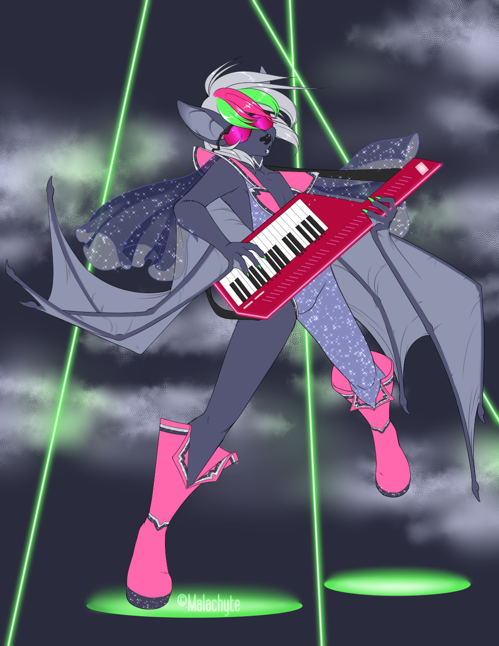 2016 80's_theme anthro bat bat_wings biped black_nose boots cape claws clothed clothing eyewear footwear front_view glasses green_hair grey_hair hair hi_res holding_musical_instrument holding_object keyboard_instrument keytar malachyte male mammal membrane_(anatomy) membranous_wings multicolored_hair musical_instrument neon open_mouth pink_body pink_boots pink_clothing pink_eyewear pink_footwear pink_glasses pink_hair playing_music short_hair solo sparkles standing teeth tight_clothing winged_arms wings