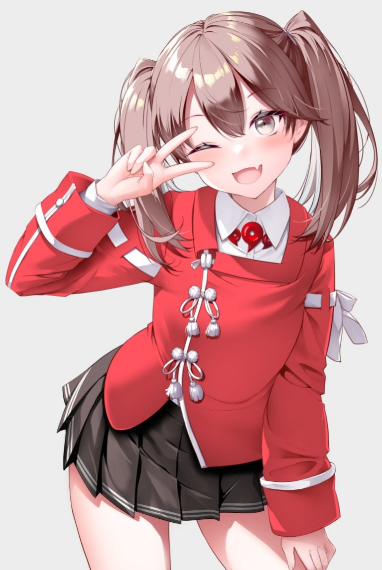 1girl :d armband blush brown_eyes brown_hair collared_shirt commentary dress_shirt eyelashes fang frog_button hair_between_eyes hand_on_own_thigh hand_up head_tilt jewelry kantai_collection kirigakure_(kirigakure_tantei_jimusho) layered_shirt leaning_to_the_side long_hair long_sleeves looking_at_viewer necklace one_eye_closed open_mouth red_shirt ryuujou_(kancolle) shirt skin_fang smile solo tassel toggles twintails v_over_eye white_armband white_shirt