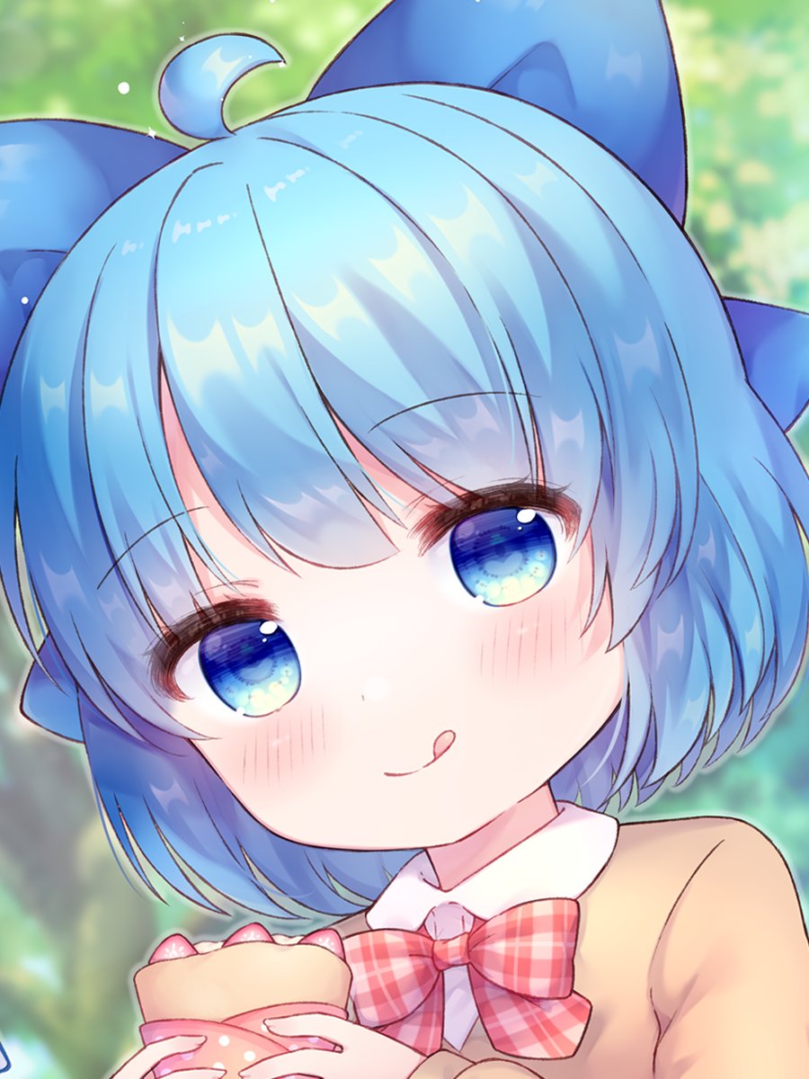 1girl ahoge alternate_costume blue_bow blue_eyes blue_hair blush bow bowtie cirno closed_mouth coa_(chroo_x) collared_shirt crepe food hair_bow highres holding holding_food long_sleeves looking_at_viewer portrait red_bow red_bowtie shirt short_hair smile solo tongue tongue_out touhou white_shirt