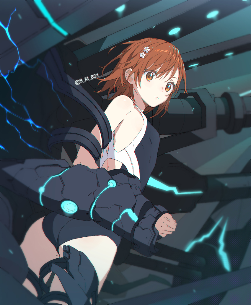 1girl anti-art_attachment ass bare_shoulders black_one-piece_swimsuit bob_cut breasts brown_eyes brown_hair cannon closed_mouth commentary competition_swimsuit cowboy_shot dutch_angle electricity electrokinesis energy_cannon externally_piloted_mecha floating_hair flower from_side hair_flower hair_ornament hairclip light_frown looking_at_viewer looking_to_the_side mecha mechanical_parts messy_hair misaka_mikoto one-piece_swimsuit power_suit powered_suit_(toaru) robot s_m_831 science_fiction short_hair shoulder_cannon single_bare_shoulder small_breasts solo swimsuit toaru_kagaku_no_railgun toaru_majutsu_no_index toaru_majutsu_no_index:_new_testament tokiwadai_school_swimsuit two-tone_shirt weapon white_flower