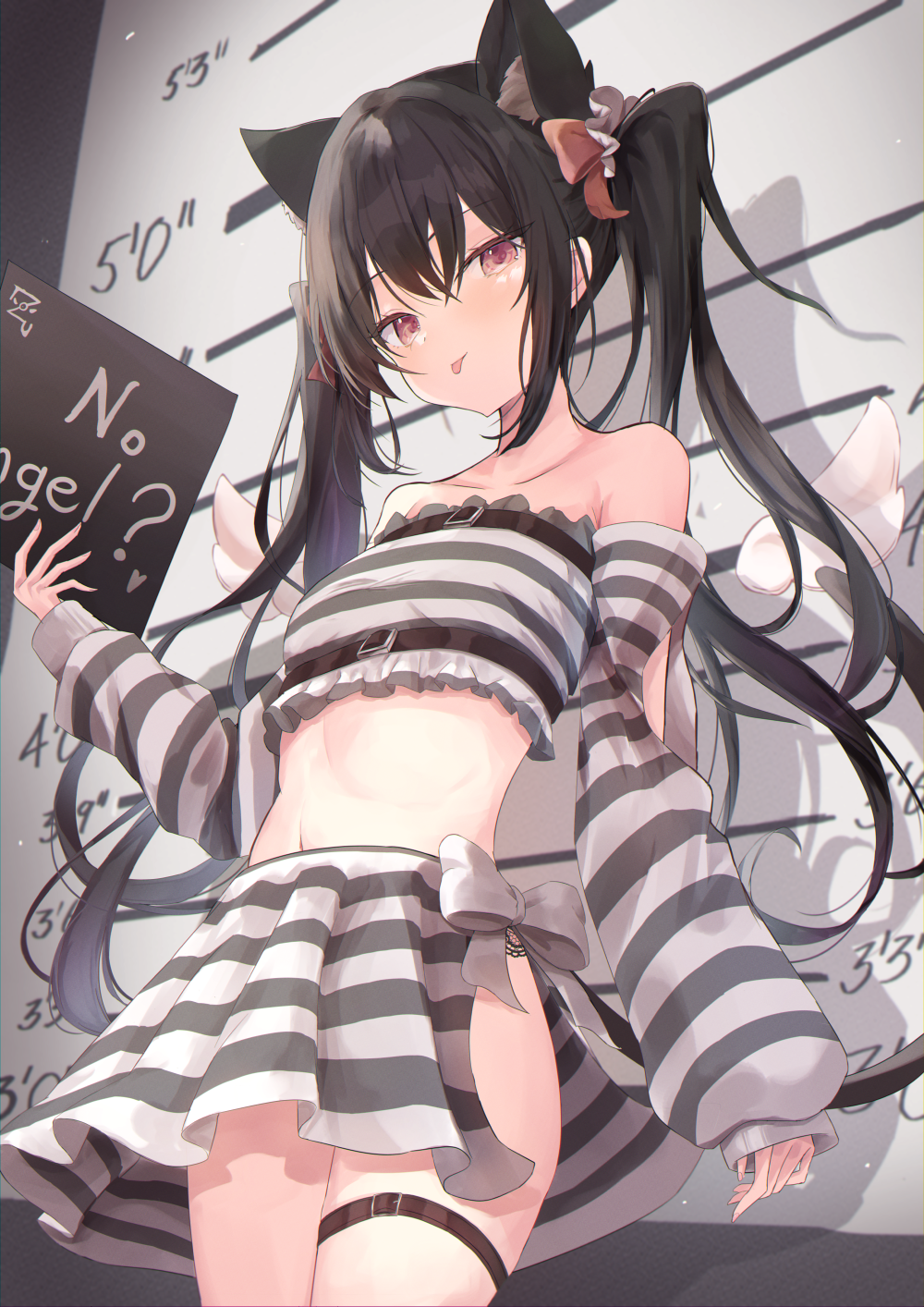 1girl :p angel_wings animal_ears bare_shoulders black_hair bow breasts cat_ears detached_sleeves detached_wings frilled_tube_top height_chart highres izuno_(izunoyoshiki) light_blush long_hair looking_at_viewer midriff miniskirt navel original prison_clothes red_eyes side_slit skirt small_breasts solo strapless striped striped_skirt striped_sleeves striped_tube_top thigh_strap tongue tongue_out tube_top twintails very_long_hair waist_bow white_wings wings
