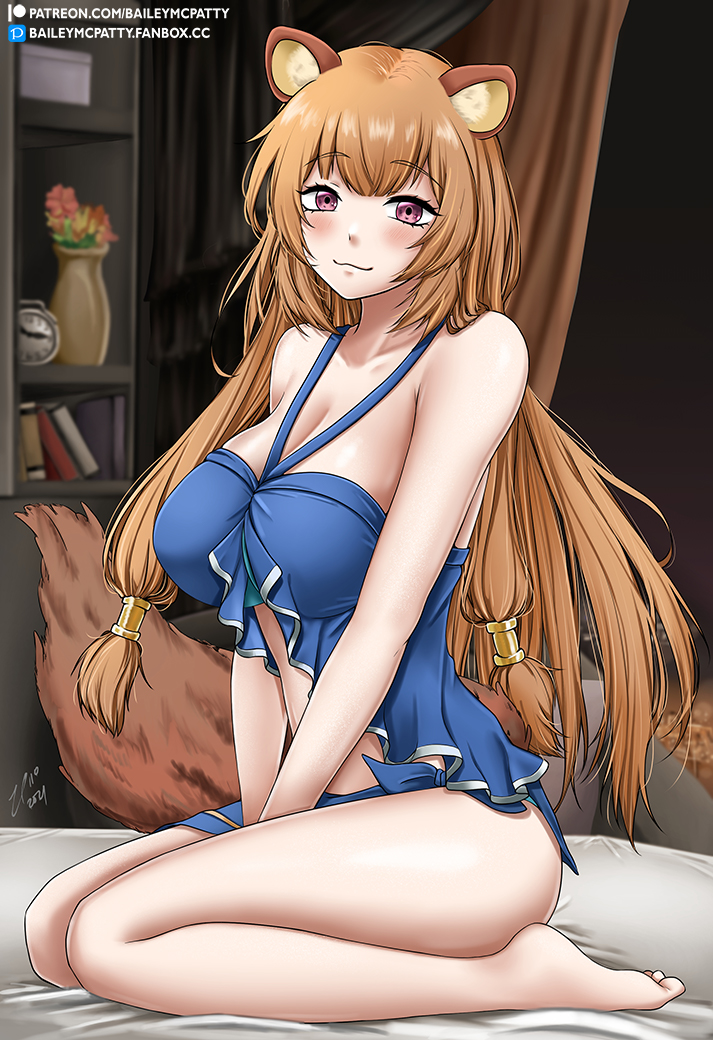 1girl animal_ear_fluff animal_ears arms_between_legs baileymcpatty bare_shoulders barefoot blue_one-piece_swimsuit blush breasts brown_hair casual_one-piece_swimsuit check_clothing cleavage closed_mouth collarbone commentary_request english_commentary eyelashes fanbox_username hair_tubes indoors large_breasts light_smile long_hair looking_at_viewer mixed-language_commentary official_alternate_costume on_bed one-piece_swimsuit patreon_logo patreon_username pixiv_logo raccoon_ears raccoon_girl raccoon_tail raphtalia red_eyes signature sitting solo swimsuit tail tate_no_yuusha_no_nariagari variant_set wariza