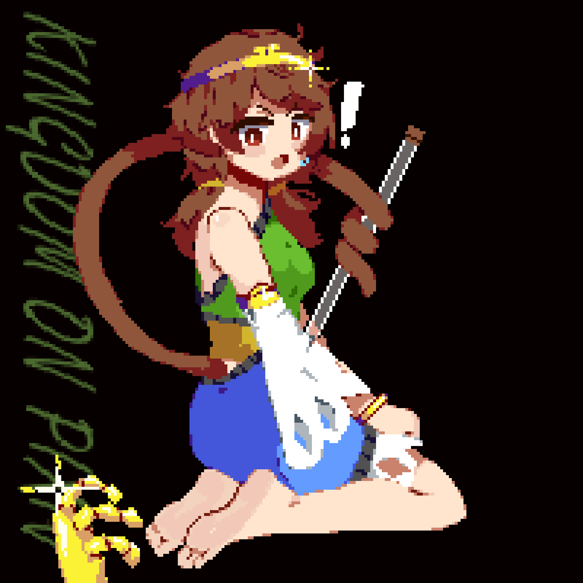 ! 1girl barefoot blue_dress blush_stickers brown_hair circlet detached_sleeves dress green_dress highres kingdom_(user_ysav4824) long_hair low_twintails monkey_tail multicolored_clothes multicolored_dress open_mouth pixel_art red_eyes ruyi_jingu_bang single_detached_sleeve solo son_biten tail test_tube touhou twintails white_sleeves yellow_dress