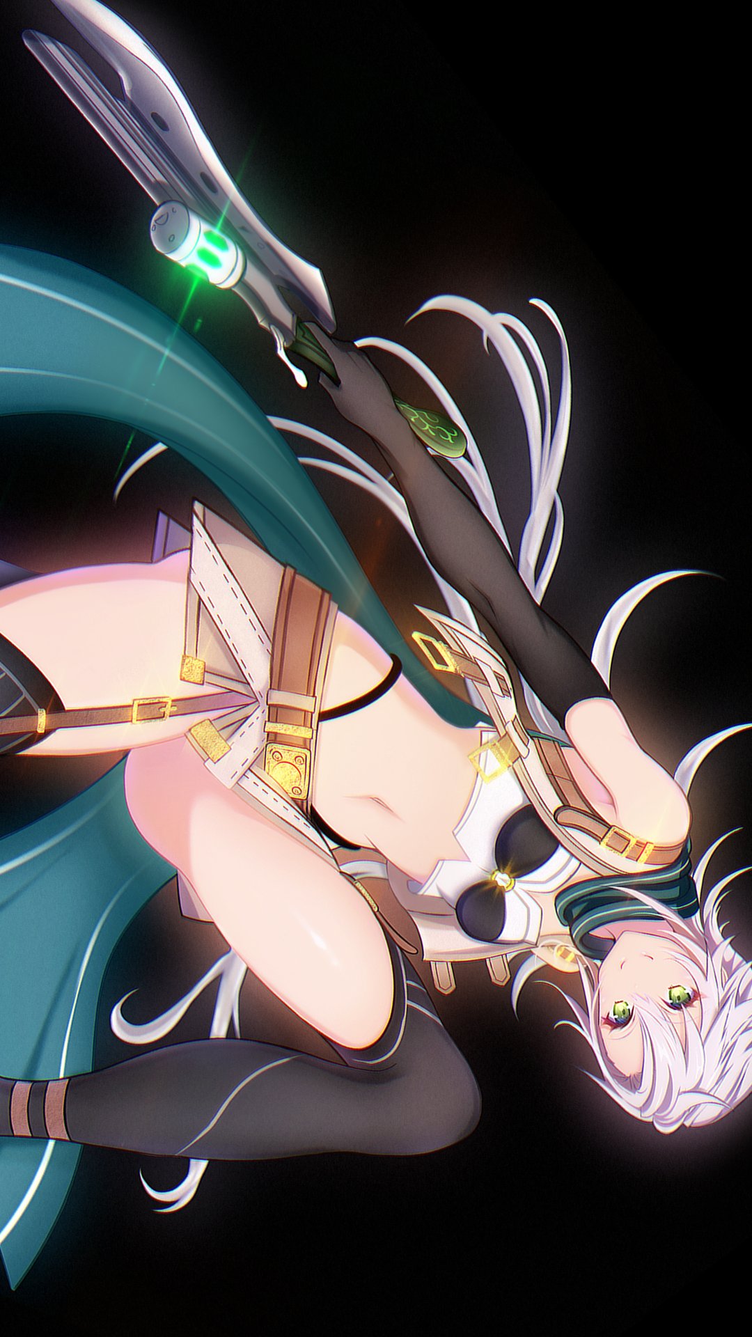1girl black_background crop_top cropped_jacket eiyuu_densetsu elbow_gloves fie_claussell furisode_(pixilvina) gloves green_eyes gunblade highres holding holding_weapon long_hair navel scarf sen_no_kiseki sen_no_kiseki_iii simple_background smile solo thighhighs weapon white_hair