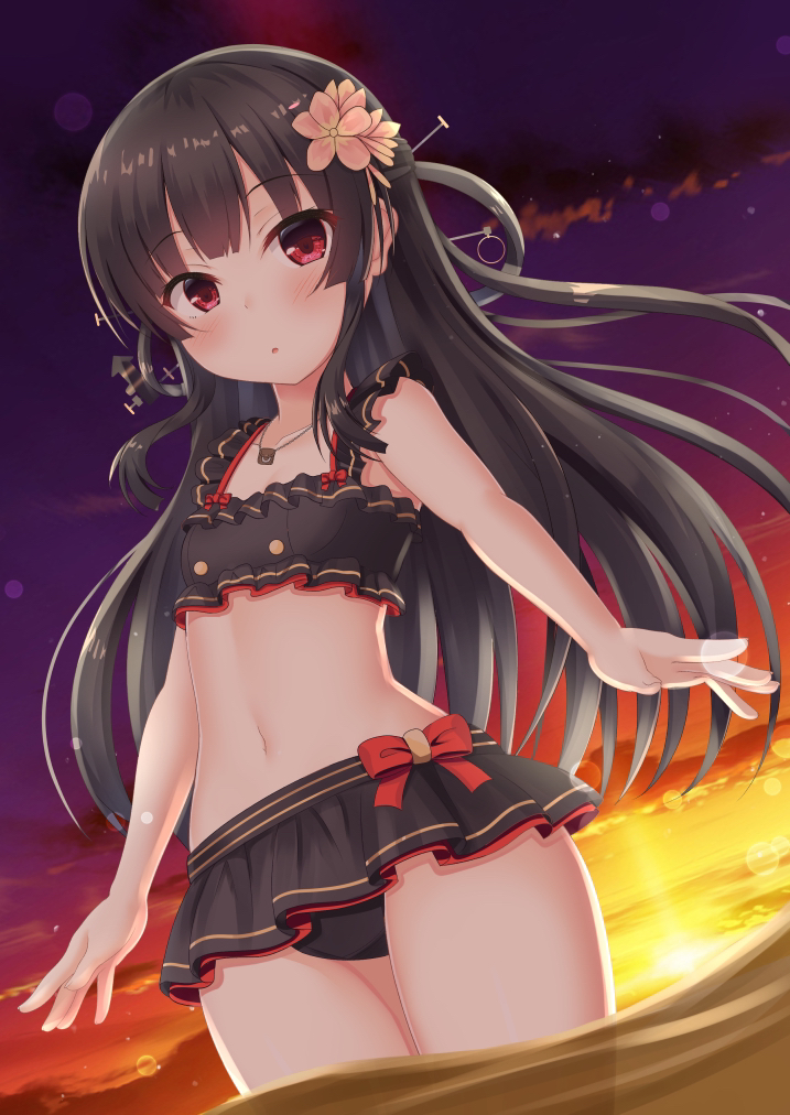 1girl arms_at_sides bikini bikini_skirt black_bikini black_hair blunt_bangs bow breasts cloud cowboy_shot evening floating_hair flower frilled_bikini frills from_below hachiroku_(maitetsu) hair_flower hair_ornament hair_rings jewelry lens_flare light_blush long_hair looking_at_viewer maitetsu navel necklace outdoors parted_lips red_bow red_eyes sky small_breasts solo standing sunset swimsuit wading water yuzuki_yuki_(another_yuki)