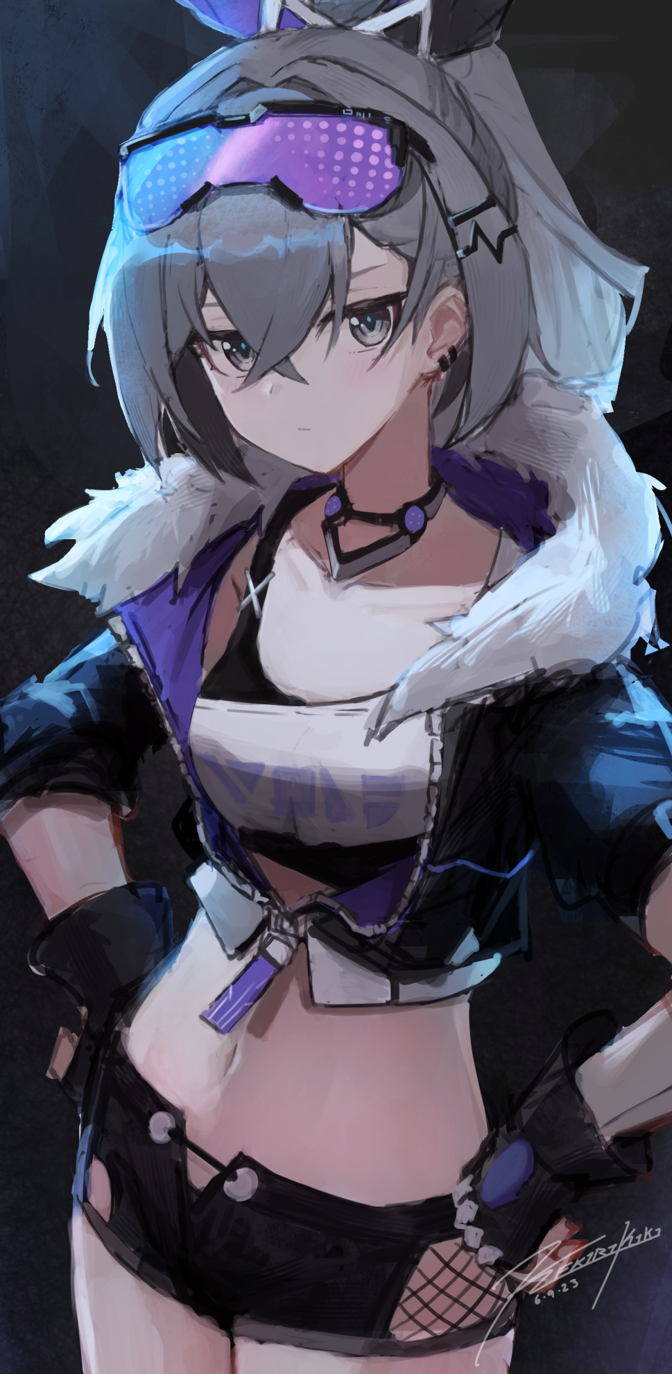 1girl asymmetrical_clothes black_gloves black_jacket black_shorts choker cowboy_shot crop_top cropped_jacket expressionless fingerless_gloves fishnets fur_trim gloves goggles goggles_on_head grey_eyes grey_hair hair_ornament hairclip hands_on_own_hips highres honkai:_star_rail honkai_(series) jacket long_hair long_sleeves looking_at_viewer micro_shorts midriff navel open_fly partially_unzipped ponytail punished_pigeon shirt shorts silver_wolf_(honkai:_star_rail) sleeveless sleeveless_shirt solo standing stomach white_shirt