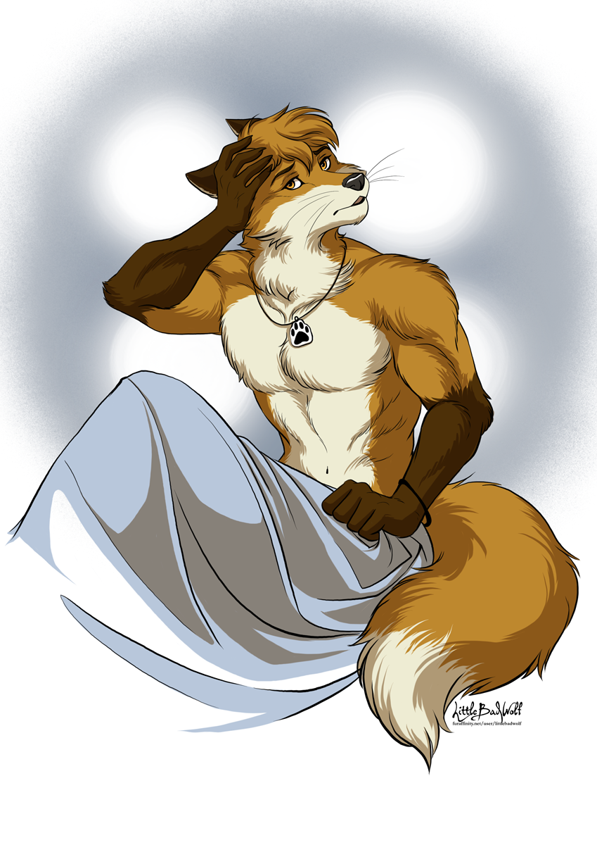 anthro anthrofox bed bedding biceps blanket bracelet brown_body brown_fur canid canine chestfur exercise fluffy fox fur furniture hi_res jakkals_van_der_bergh_(doppelfoxx) jewelry littlebadwolf male mammal morning morning_after muscular necklace next_morning nude orange_body orange_fur paws scruffy solo tail tired waking_up whiskers white_body white_fur workout