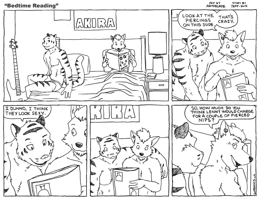 akira_(film) anthro artdecade bass_guitar bed briefs canid canine canis closet_coon clothed clothing comic coyote dialogue duo ear_piercing english_text felid furniture guitar leafdog magazine male male/male mammal monochrome musical_instrument pantherine piercing plucked_string_instrument rodney_waters string_instrument text tiger tighty_whities toby_romsawai topless underwear white_briefs white_clothing white_underwear