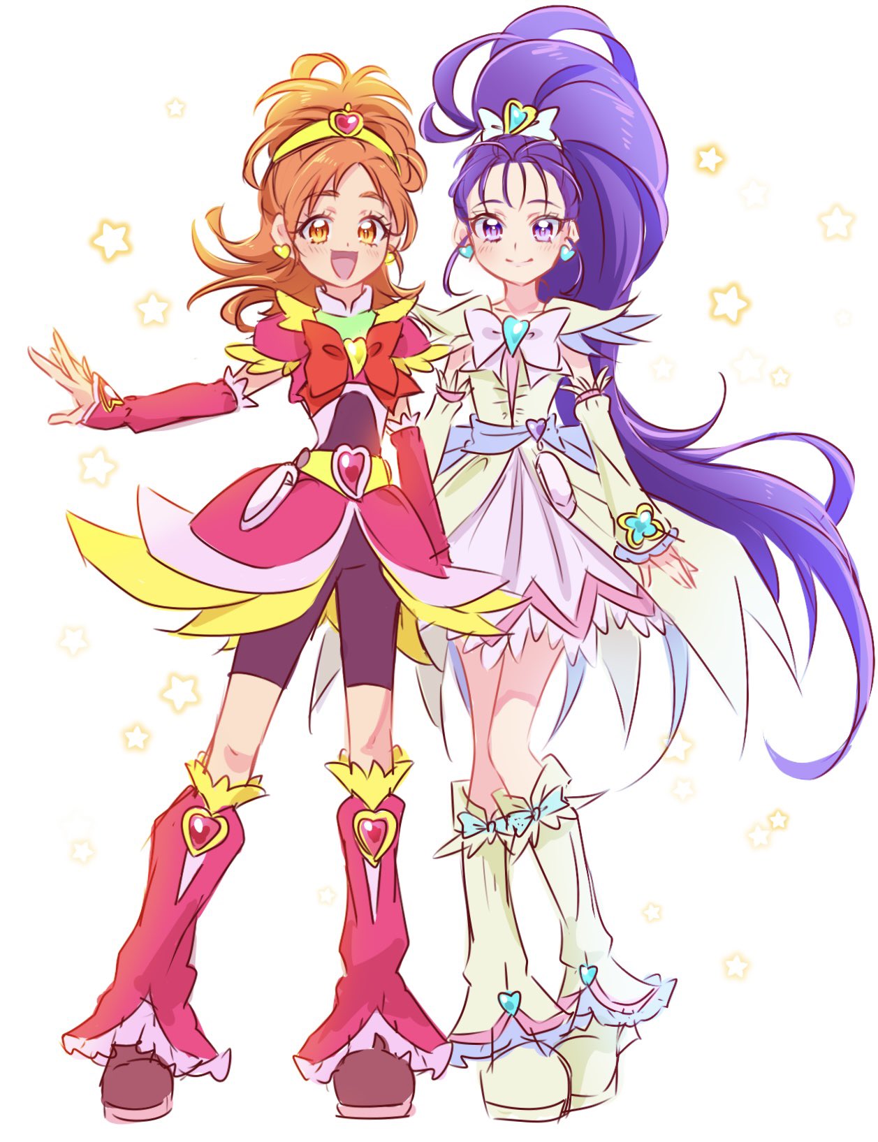 2girls :d bike_shorts bike_shorts_under_skirt blush boots commentary cure_bloom cure_egret detached_sleeves dress earrings eyelashes fpminnie1 futari_wa_precure_splash_star hair_ornament hairband happy heart heart_earrings high_ponytail highres hyuuga_saki jewelry leg_warmers long_hair looking_at_viewer medium_hair mishou_mai multiple_girls open_mouth orange_eyes orange_hair pink_skirt ponytail precure purple_eyes purple_hair shorts shorts_under_skirt simple_background sketch skirt smile standing symbol-only_commentary very_long_hair white_background