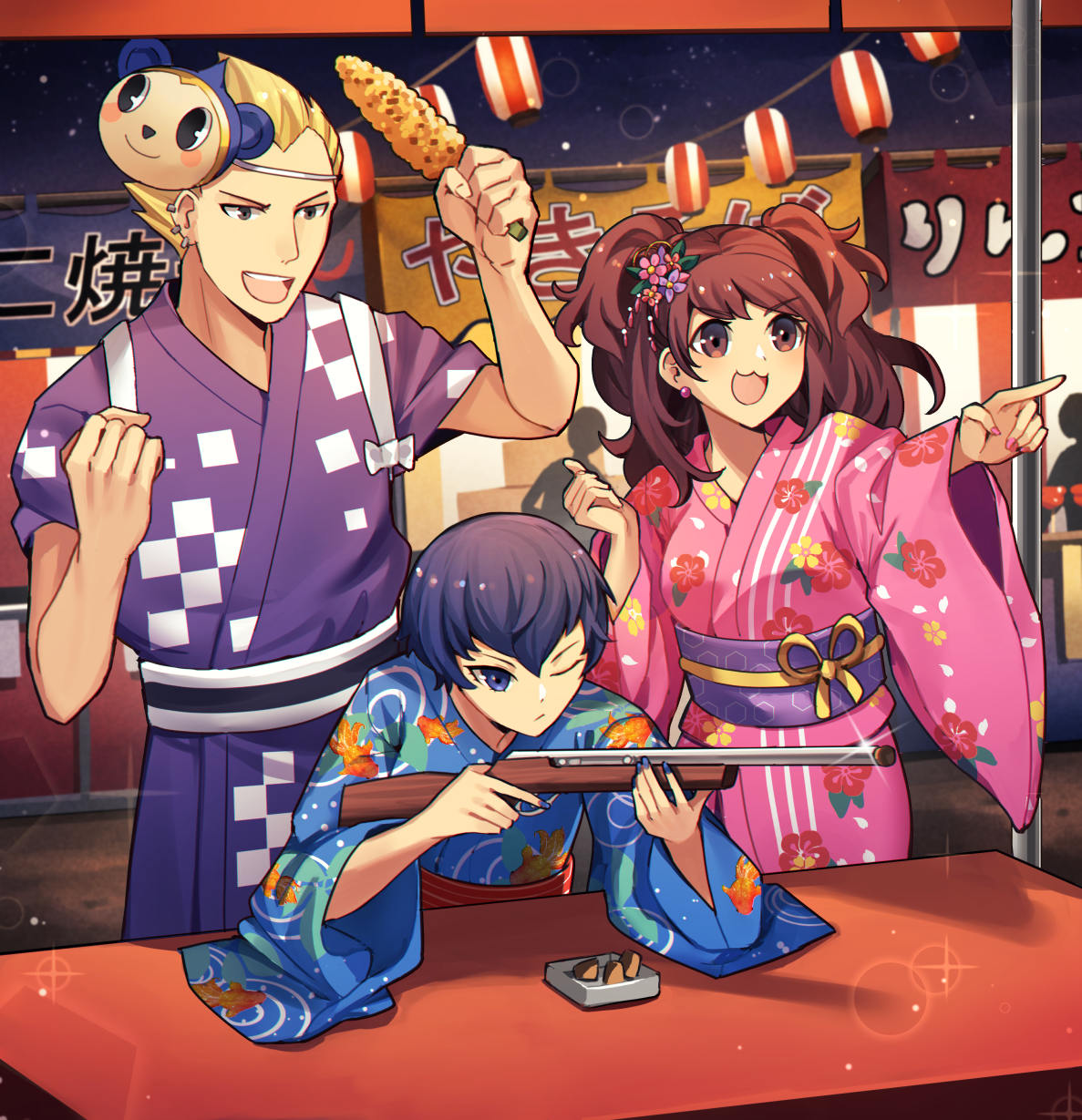 1boy 2girls aiming blonde_hair blue_eyes blue_kimono brown_eyes brown_hair commentary ear_piercing earrings english_commentary feet_out_of_frame floral_print flower gun hair_between_eyes hair_flower hair_ornament highres holding holding_gun holding_weapon japanese_clothes jewelry kimono kujikawa_rise kuki_tan lens_flare long_sleeves multiple_girls night obi obijime one_eye_closed open_mouth outdoors persona persona_4 piercing pink_kimono print_kimono purple_kimono purple_sash red_sash sash shirogane_naoto short_hair short_sleeves sky sparkle spiked_hair star_(sky) starry_sky summer_festival swept_bangs tatsumi_kanji teeth upper_teeth_only weapon wide_sleeves widow's_peak yukata