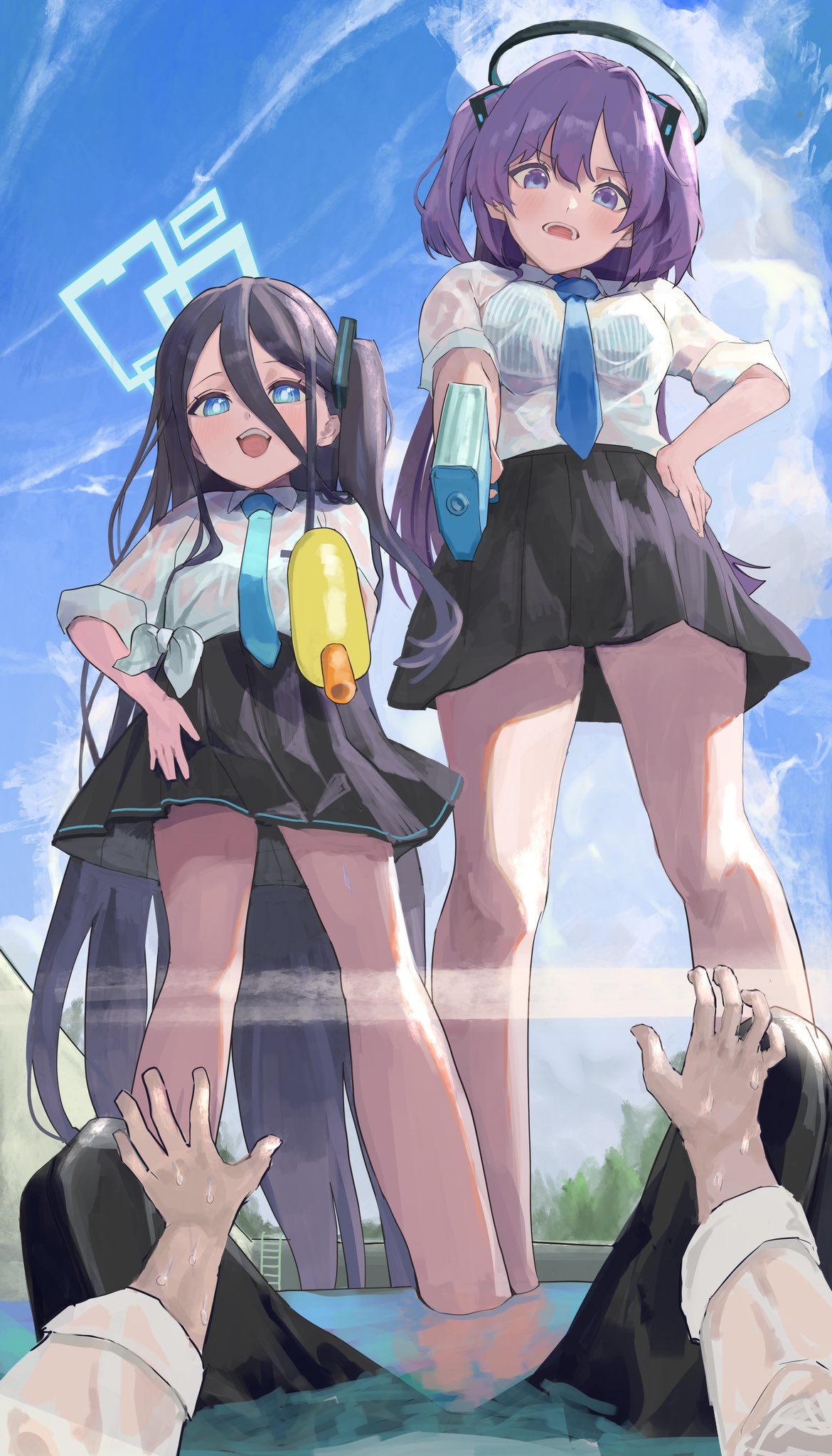 1boy 2girls aiming aiming_at_viewer aqua_necktie aris_(blue_archive) bare_legs black_hair black_skirt blue_archive blush bra bra_visible_through_clothes breasts from_below hair_between_eyes halo hand_on_own_hip highres holding holding_water_gun kitakata_tosa long_hair looking_at_viewer medium_breasts multiple_girls necktie one_side_up outdoors pleated_skirt pov pov_hands purple_hair school_uniform sensei_(blue_archive) shirt skirt smile striped striped_bra tied_shirt two_side_up underwear vertical-striped_bra vertical_stripes very_long_hair wading water_gun wet wet_clothes wet_shirt white_shirt yuuka_(blue_archive)