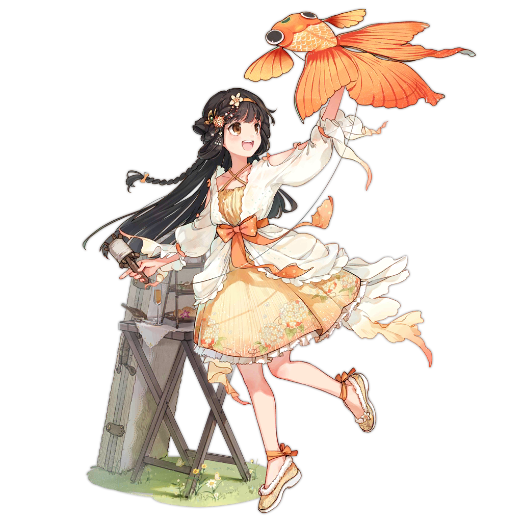1girl animal_request ankle_ribbon bird black_hair bow braid brown_eyes champagne_flute clothing_request collarbone colored_shoe_soles cup dress drinking_glass eurasian_tree_sparrow flower folding_table food french_braid full_body girls'_frontline grass hair_flower hair_ornament hairband holding holding_kite kite leg_ribbon long_hair long_sleeves looking_up no_socks official_alternate_costume official_art open_mouth orange_bow orange_dress orange_hairband orange_ribbon qbu-88_(explorer_of_the_wild)_(girls'_frontline) ribbon shuzi simple_background sleeveless sleeveless_dress solo sparrow standing standing_on_one_leg table teeth tiered_tray transparent_background upper_teeth_only waist_bow weapon_case yellow_footwear